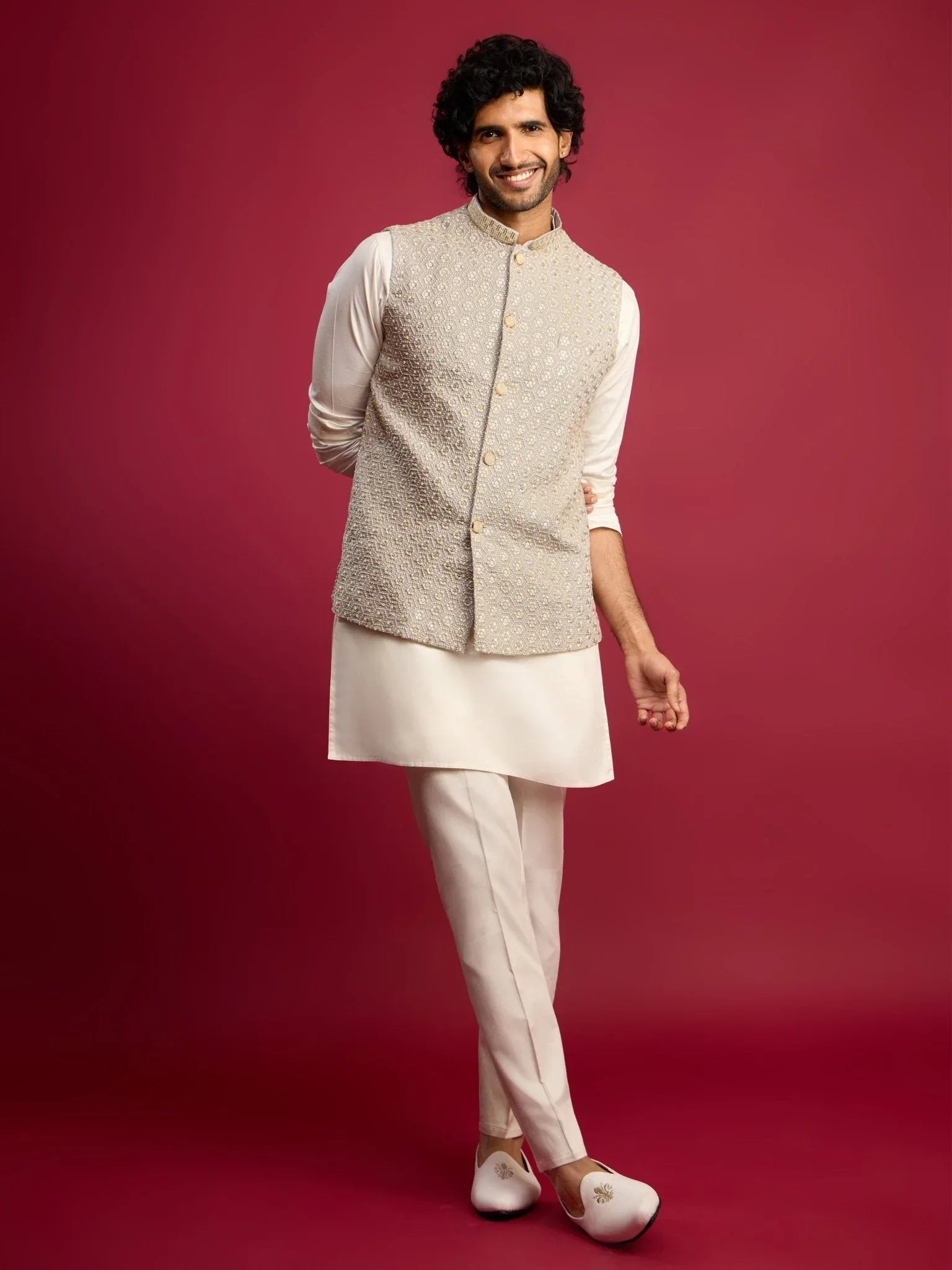 Men's Grey Chikankari Nehru Jacket with Cream Satin Kurta Pant Set