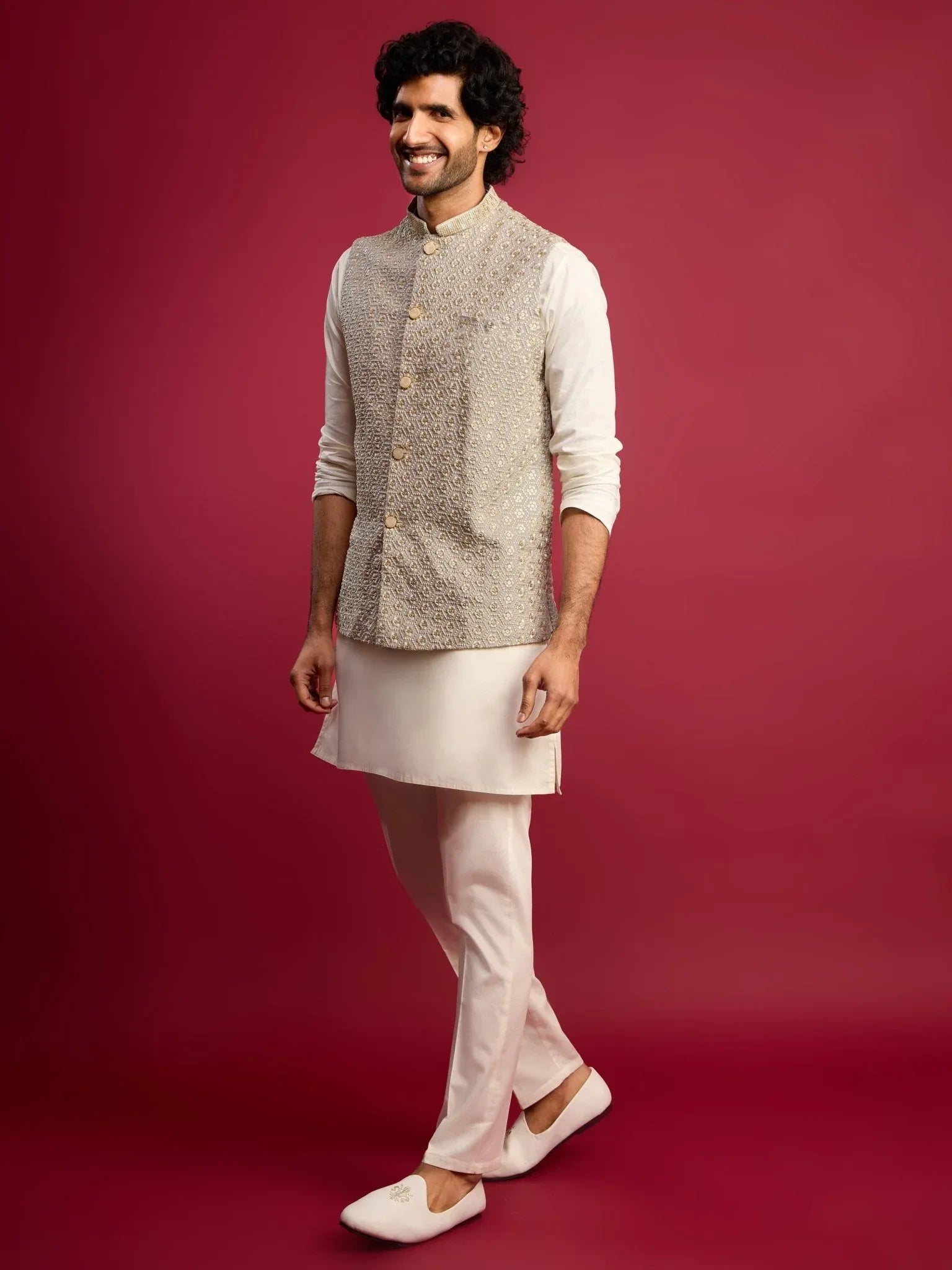 Men's Grey Chikankari Nehru Jacket with Cream Satin Kurta Pant Set