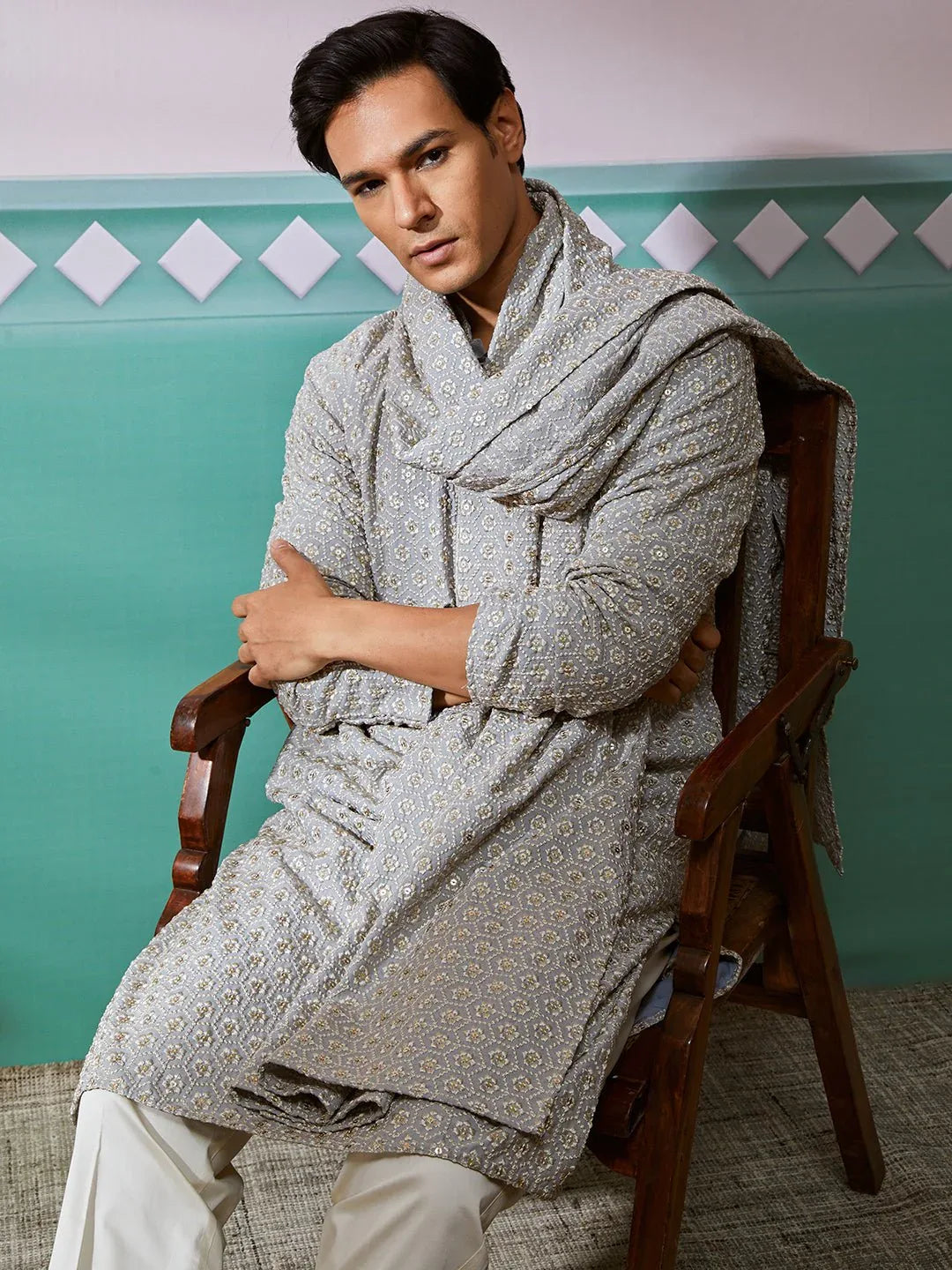 Men's Grey Chikankari Rayon Kurta with Cream Pyjama & Grey Embroidered Dupatta