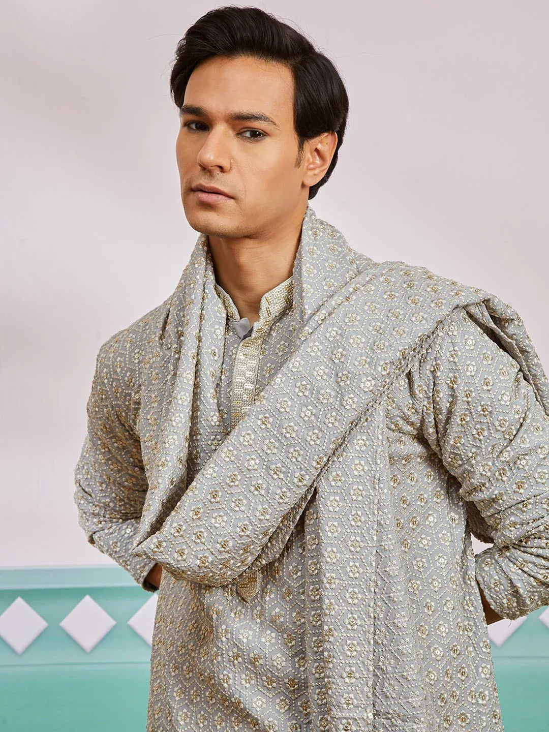 Men's Grey Chikankari Rayon Kurta with Cream Pyjama & Grey Embroidered Dupatta