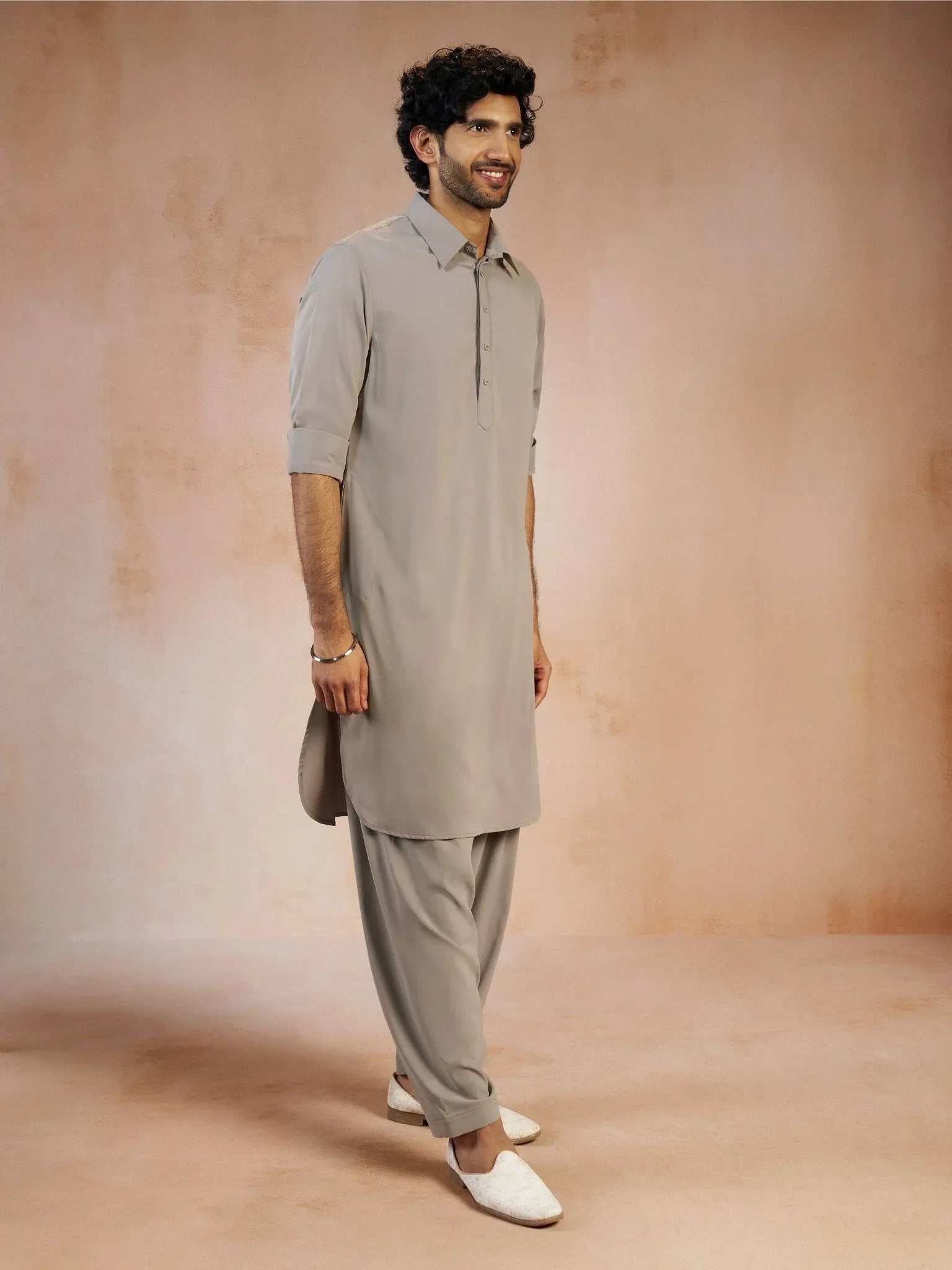Men's Grey Solid Silk Blend Pathani Kurta with Patiala Pyjama Set
