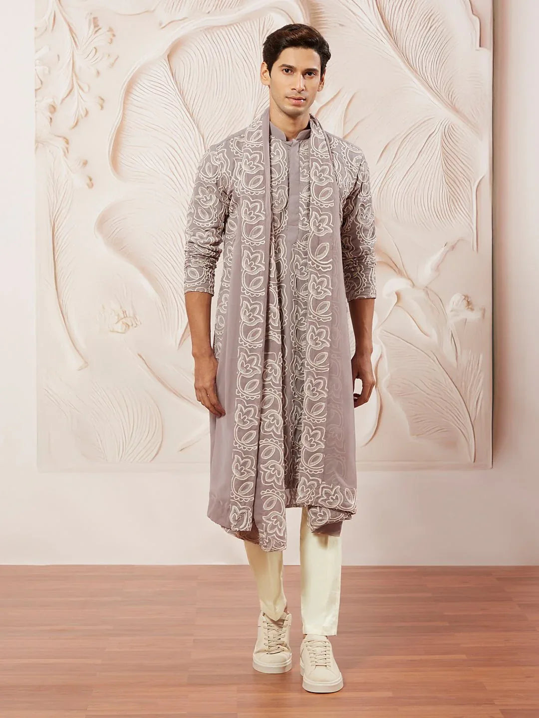 Men's Lavender Floral Embroidered Georgette Kurta with Satin Pyjama and Dupatta Set