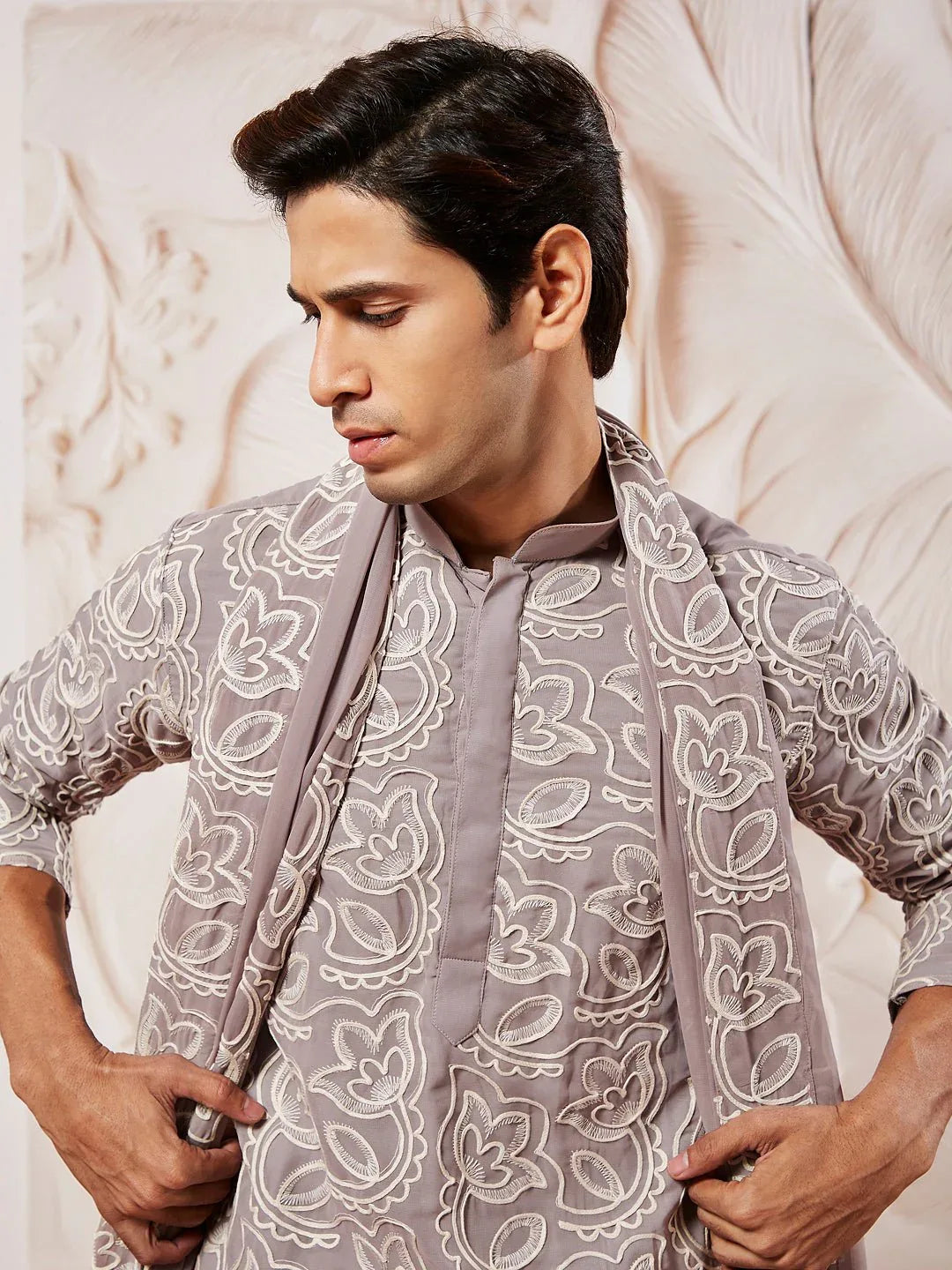 Men's Lavender Floral Embroidered Georgette Kurta with Satin Pyjama and Dupatta Set