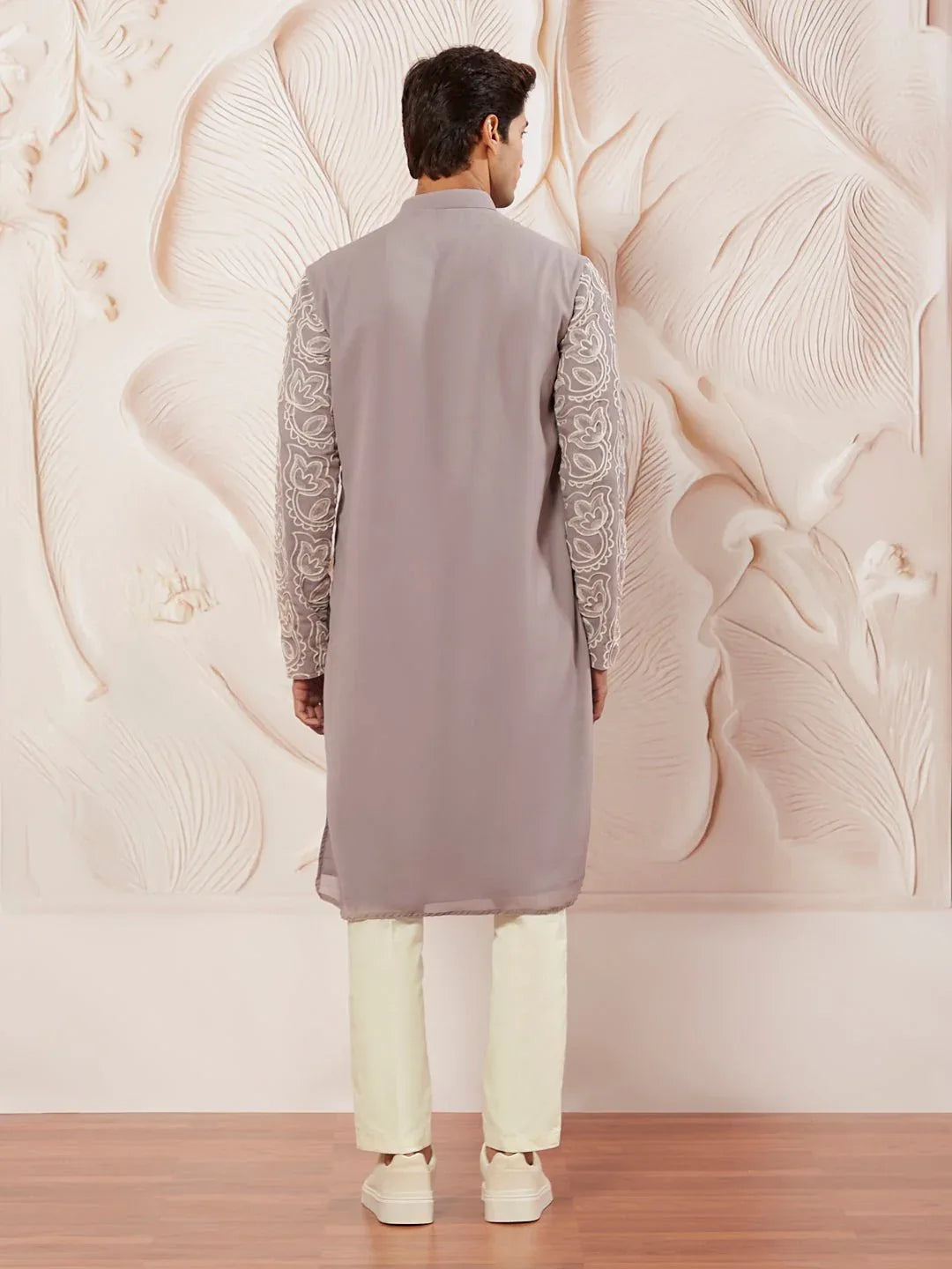 Men's Lavender Floral Embroidered Georgette Kurta with Satin Pyjama and Dupatta Set