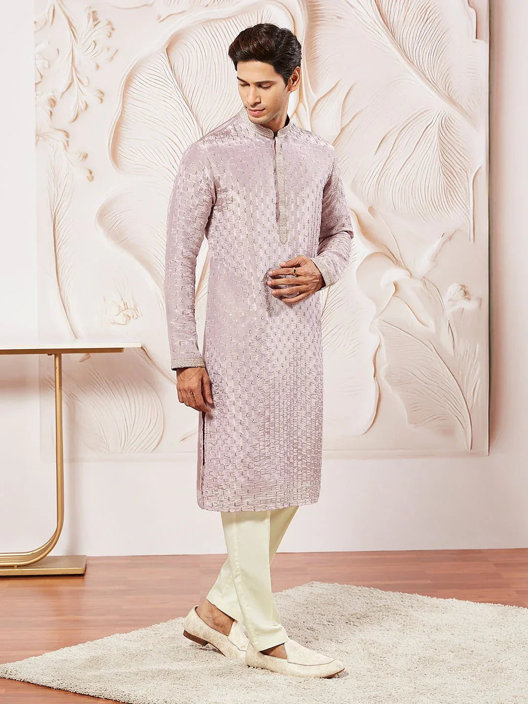 Men's Lavender Tissue Silk Zari Embroidered Kurta with Satin Pyjama Set