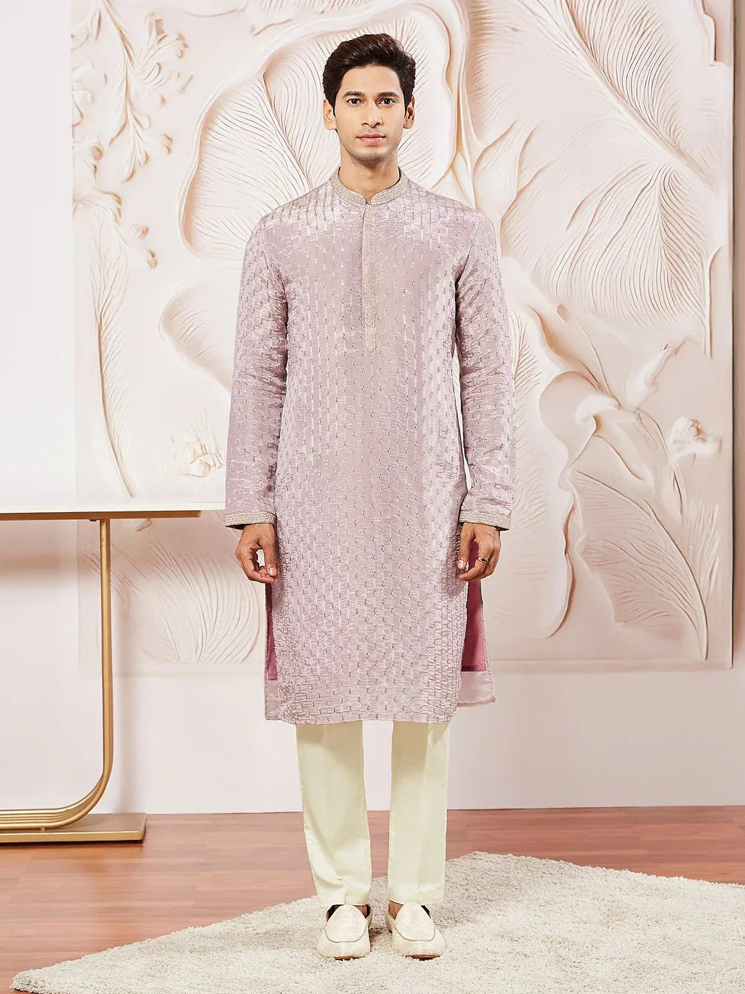 Men's Lavender Tissue Silk Zari Embroidered Kurta with Satin Pyjama Set