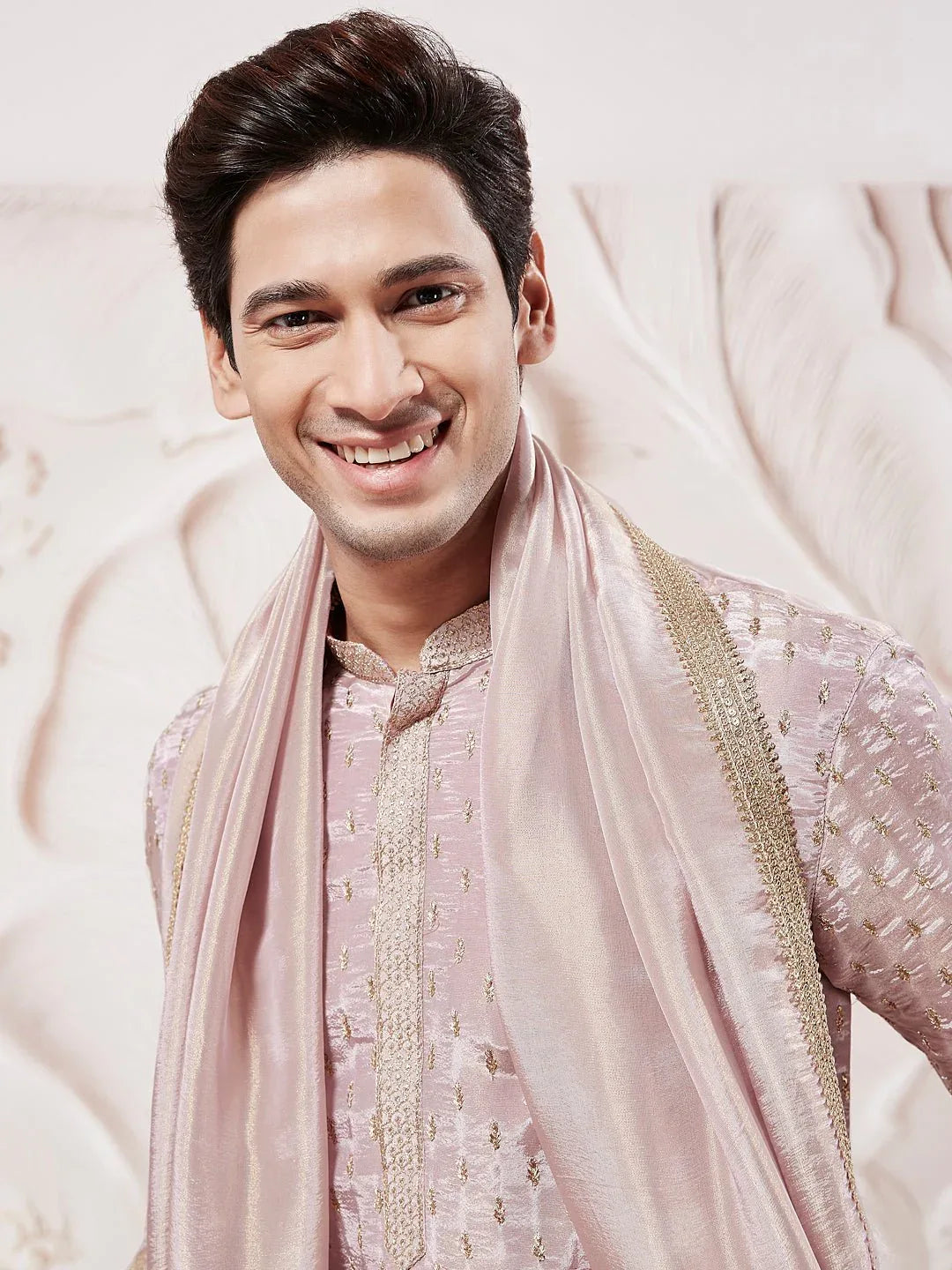 Men's Lavender Tissue Silk Zari Kurta with Satin Pyjama and Lace Dupatta Set