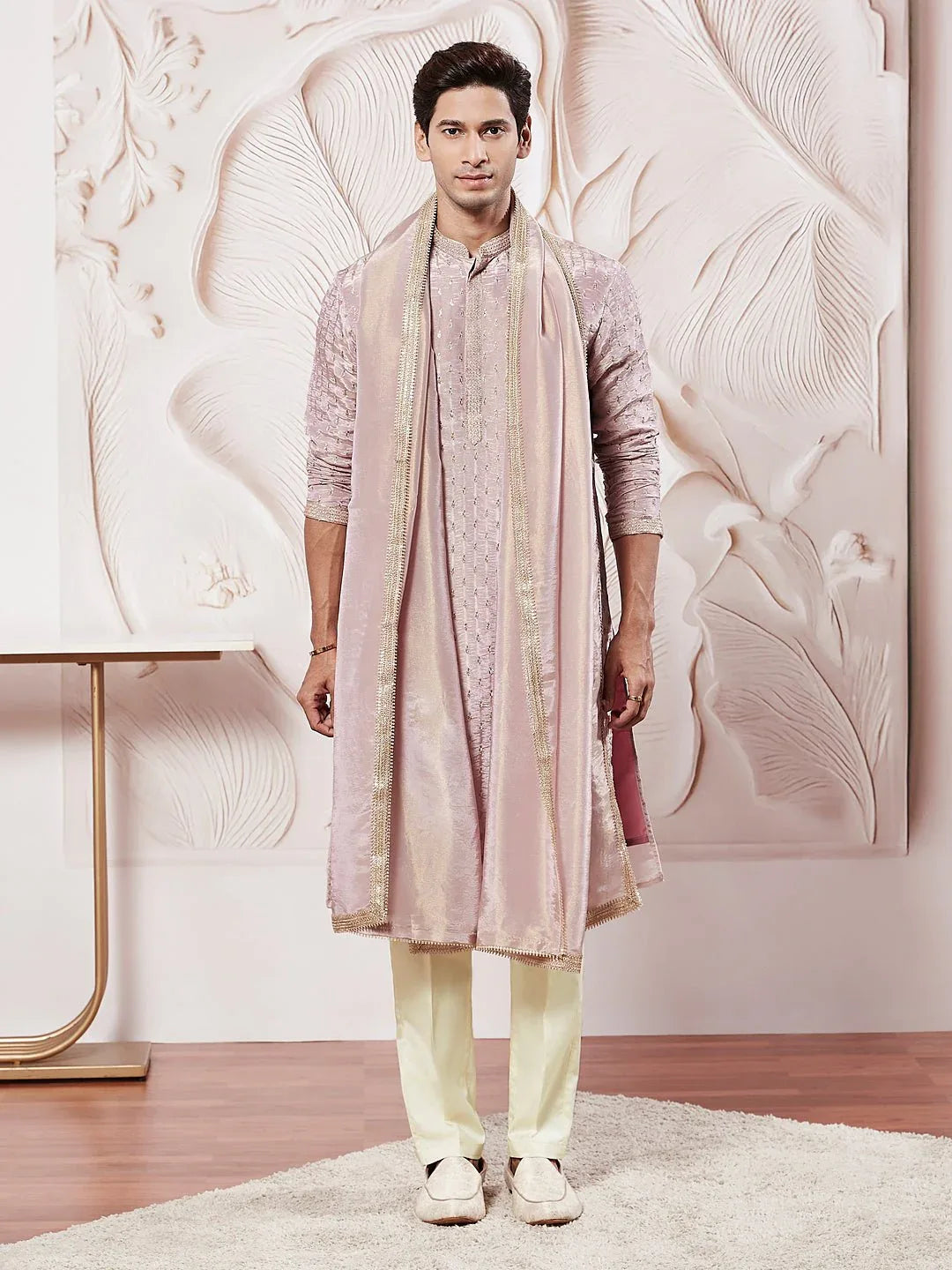 Men's Lavender Tissue Silk Zari Kurta with Satin Pyjama and Lace Dupatta Set