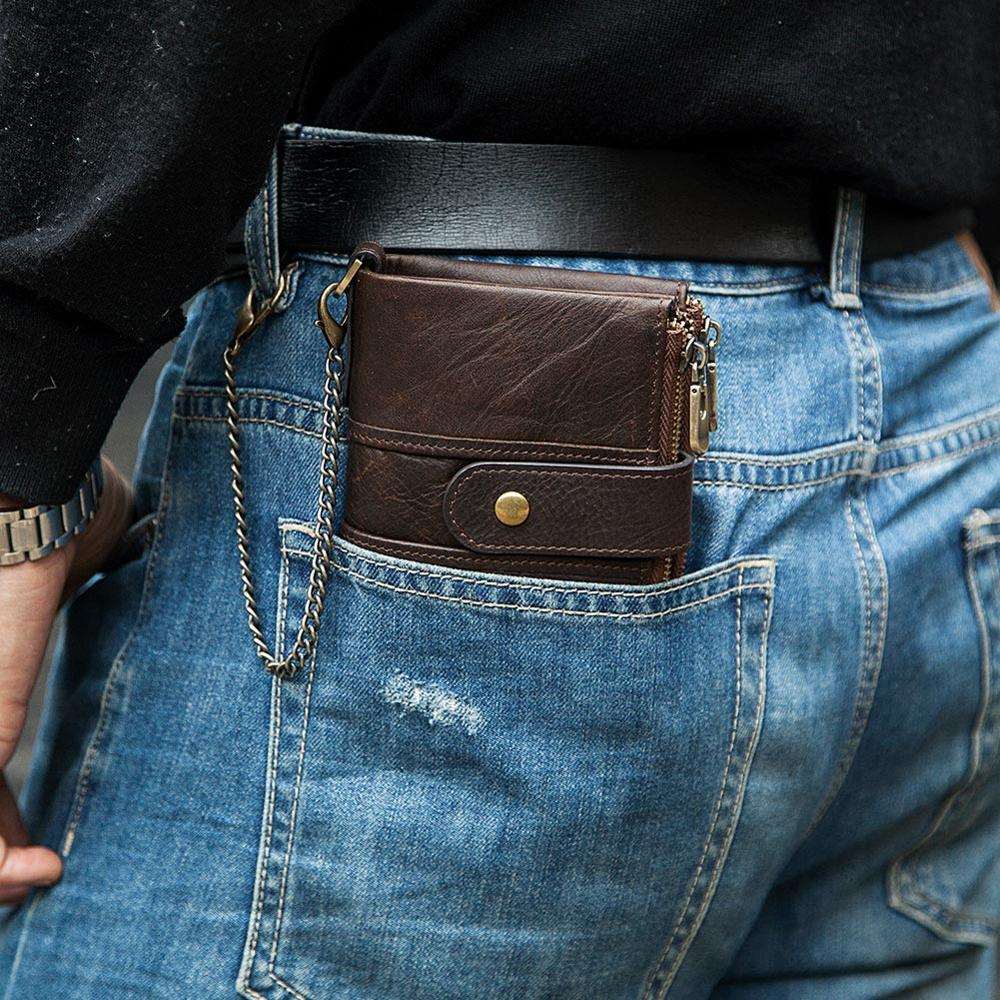 Men's Luxury Antimagnetic Cowhide Leather Chain Wallet  - By Qivii