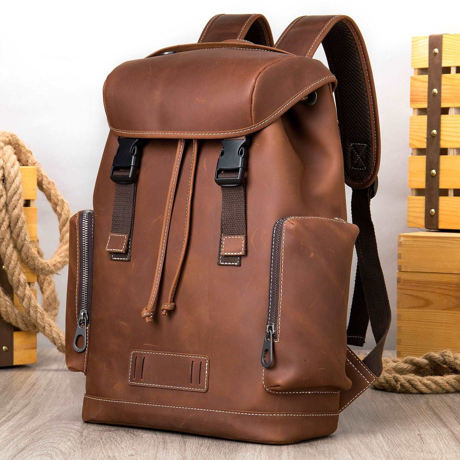 Men's Luxury Retro Leather Outdoor Travel Backpack  - By Qivii