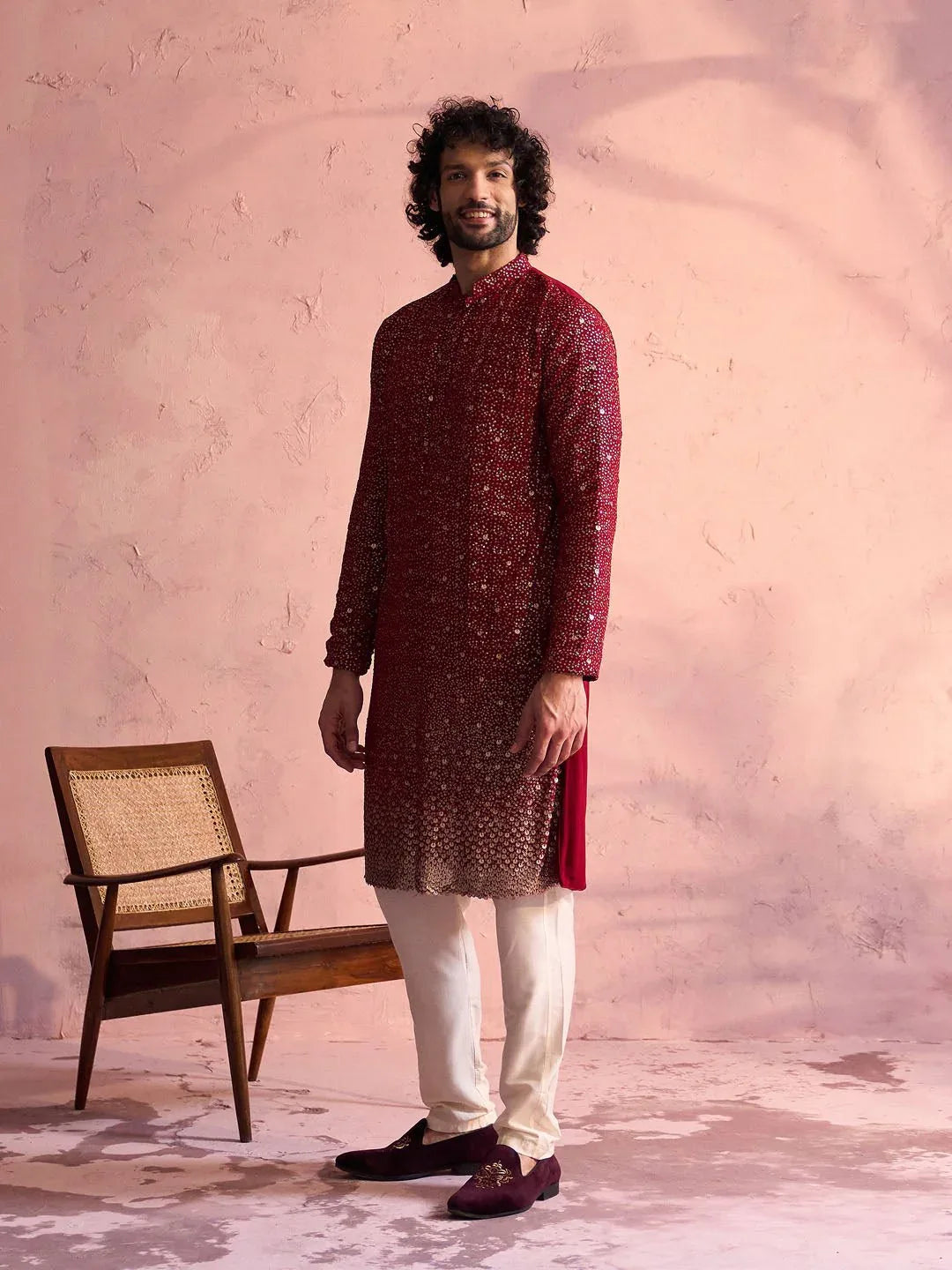Men's Maroon Ombre Sequin Georgette Kurta with Cream Satin Pyjama