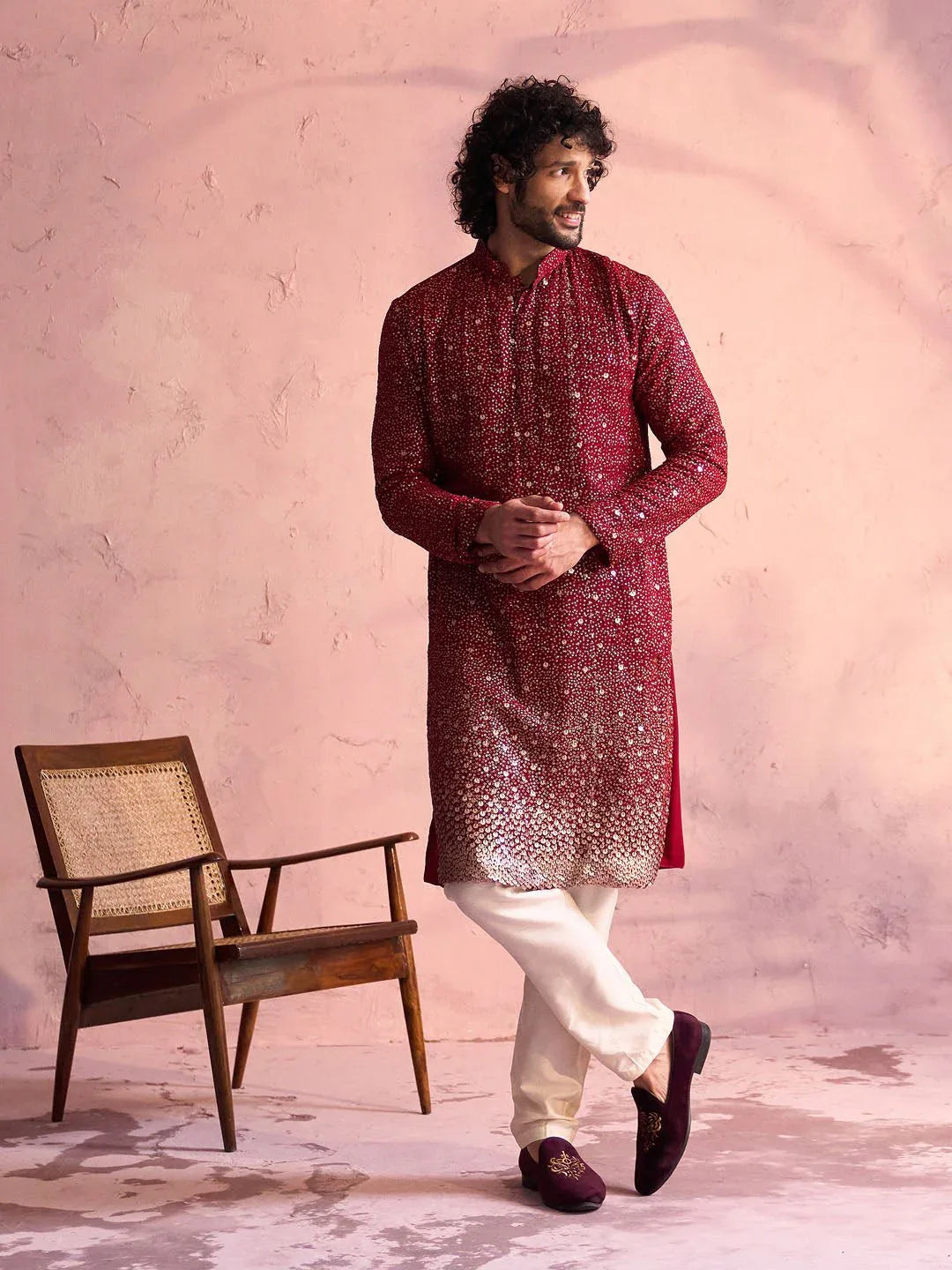 Men's Maroon Ombre Sequin Georgette Kurta with Cream Satin Pyjama