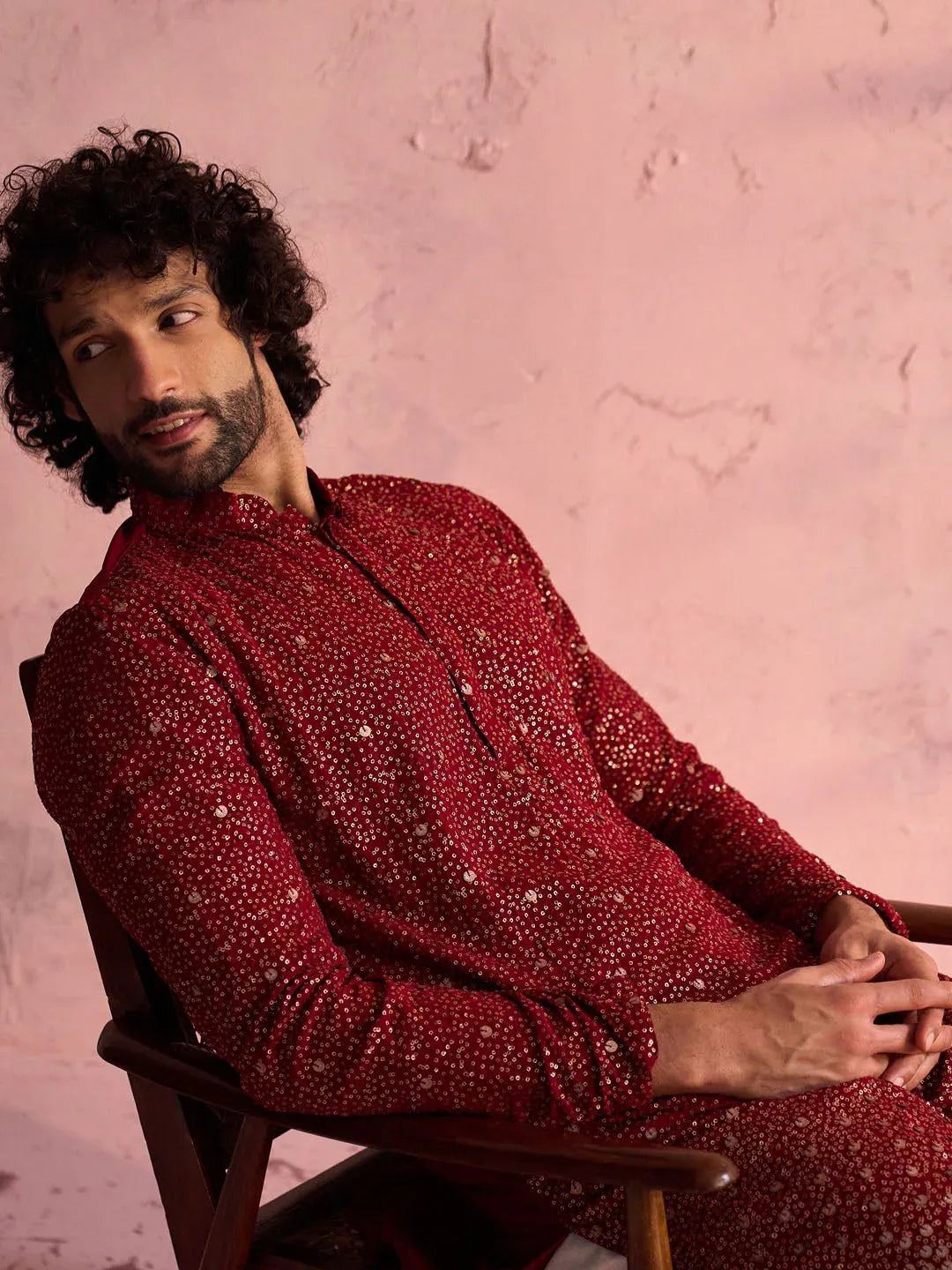 Men's Maroon Ombre Sequin Georgette Kurta with Cream Satin Pyjama