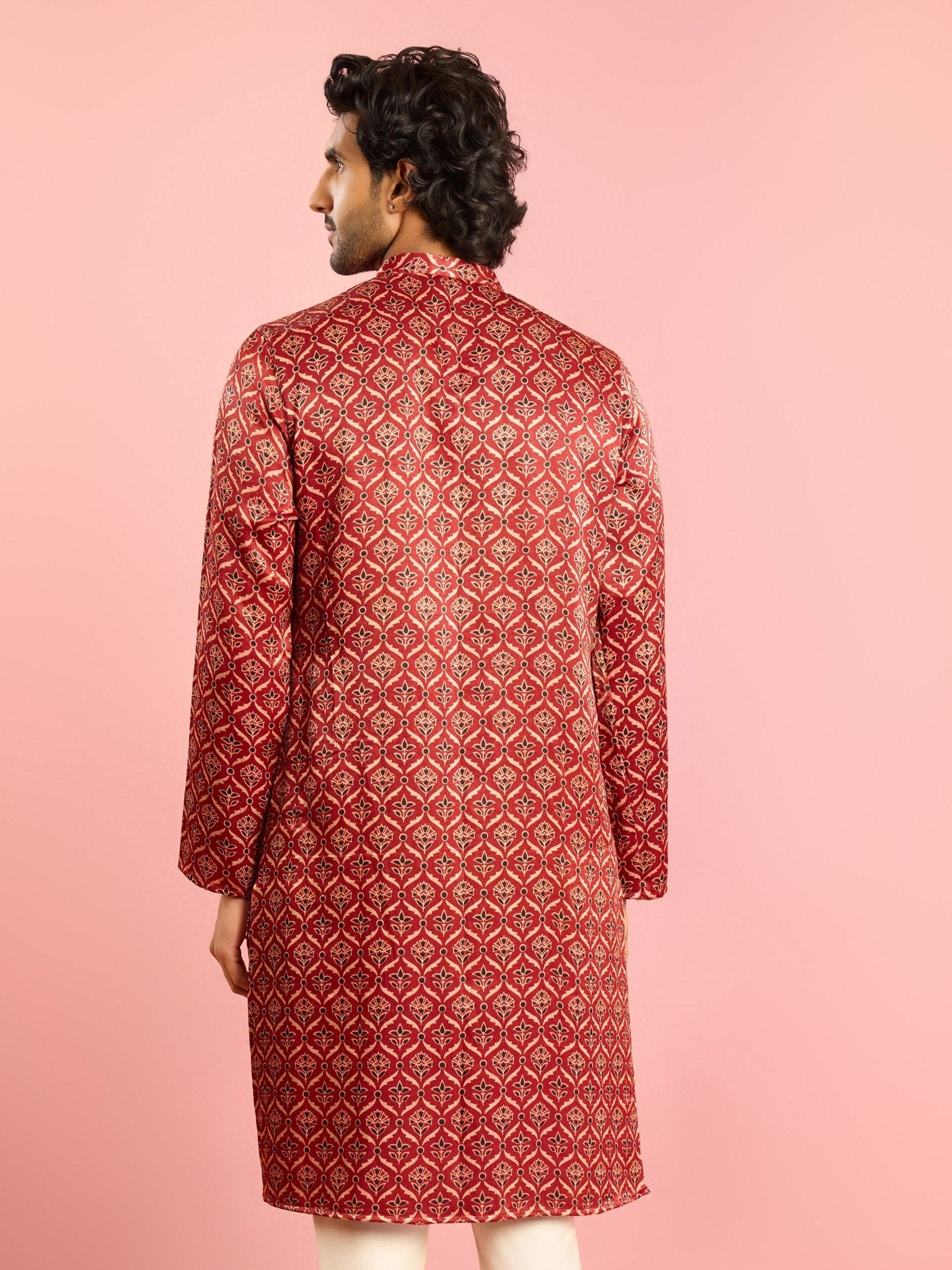Men's Maroon Ajrak Silk Blend Kurta