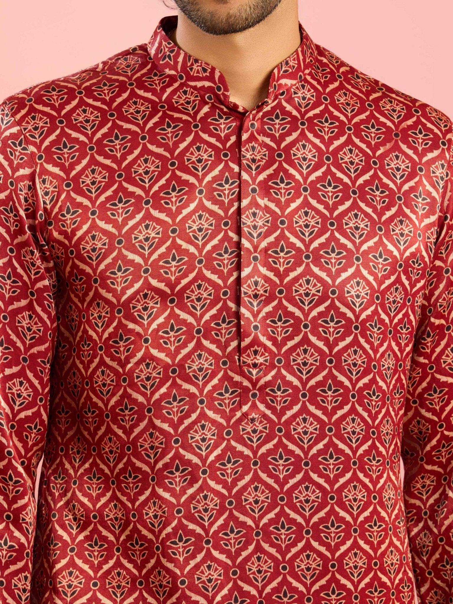 Men's Maroon Ajrak Silk Blend Kurta
