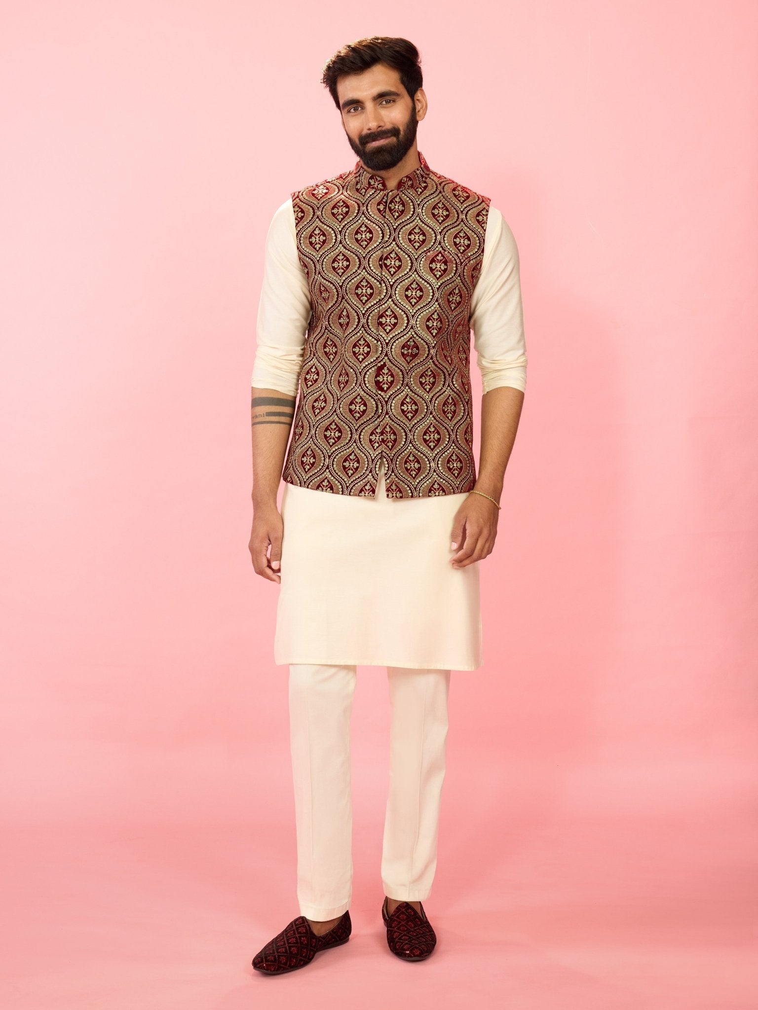 Men's Maroon Velvet Embroidered Nehru Jacket with Cream Silk Kurta & Pant Pyjama