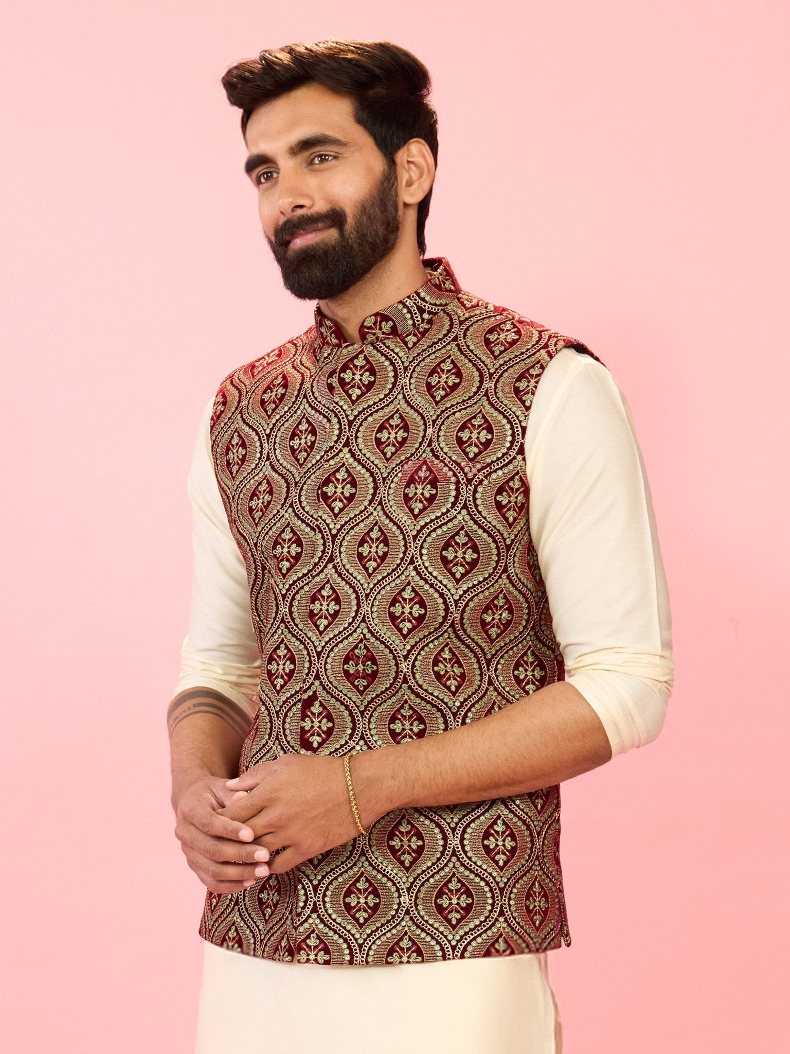 Men's Maroon Velvet Ethnic Motif Thread & Sequin Embroidered Nehru Jacket with Satin Lining