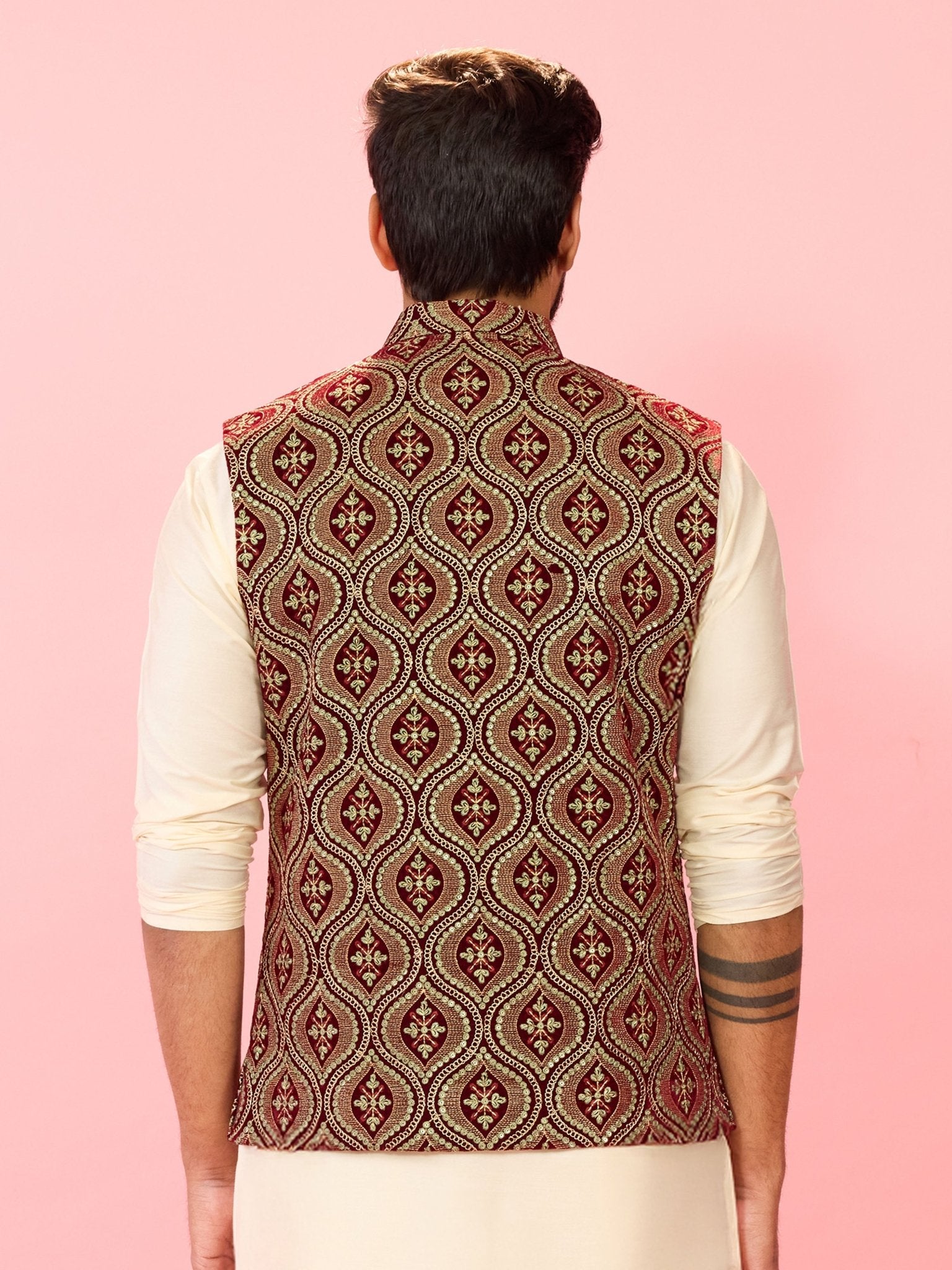 Men's Maroon Velvet Ethnic Motif Thread & Sequin Embroidered Nehru Jacket with Satin Lining