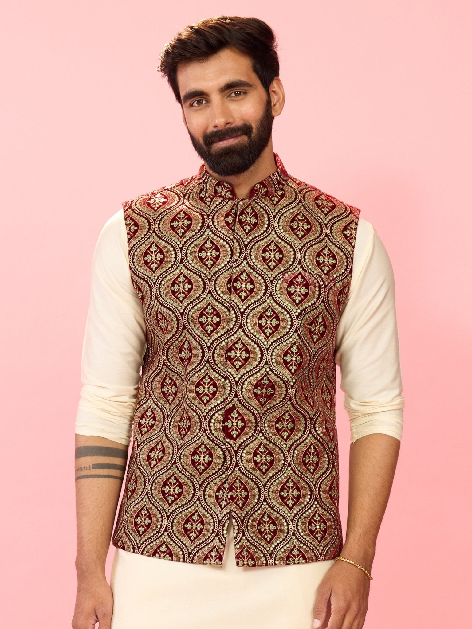 Men's Maroon Velvet Ethnic Motif Thread & Sequin Embroidered Nehru Jacket with Satin Lining