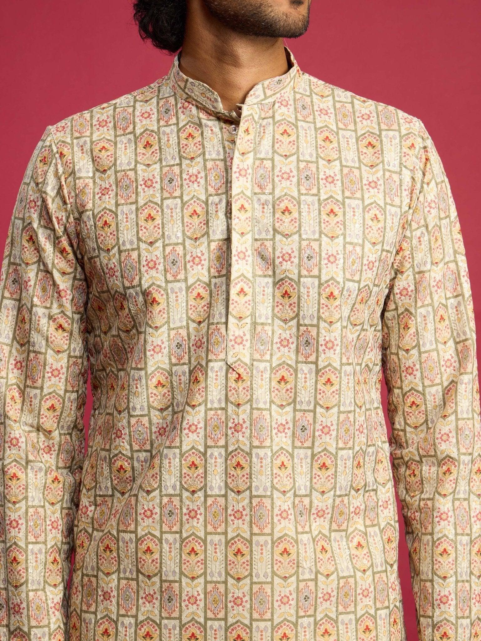 Men's Mint Green Cotton Blend Digital Print Sequin Long Kurta
