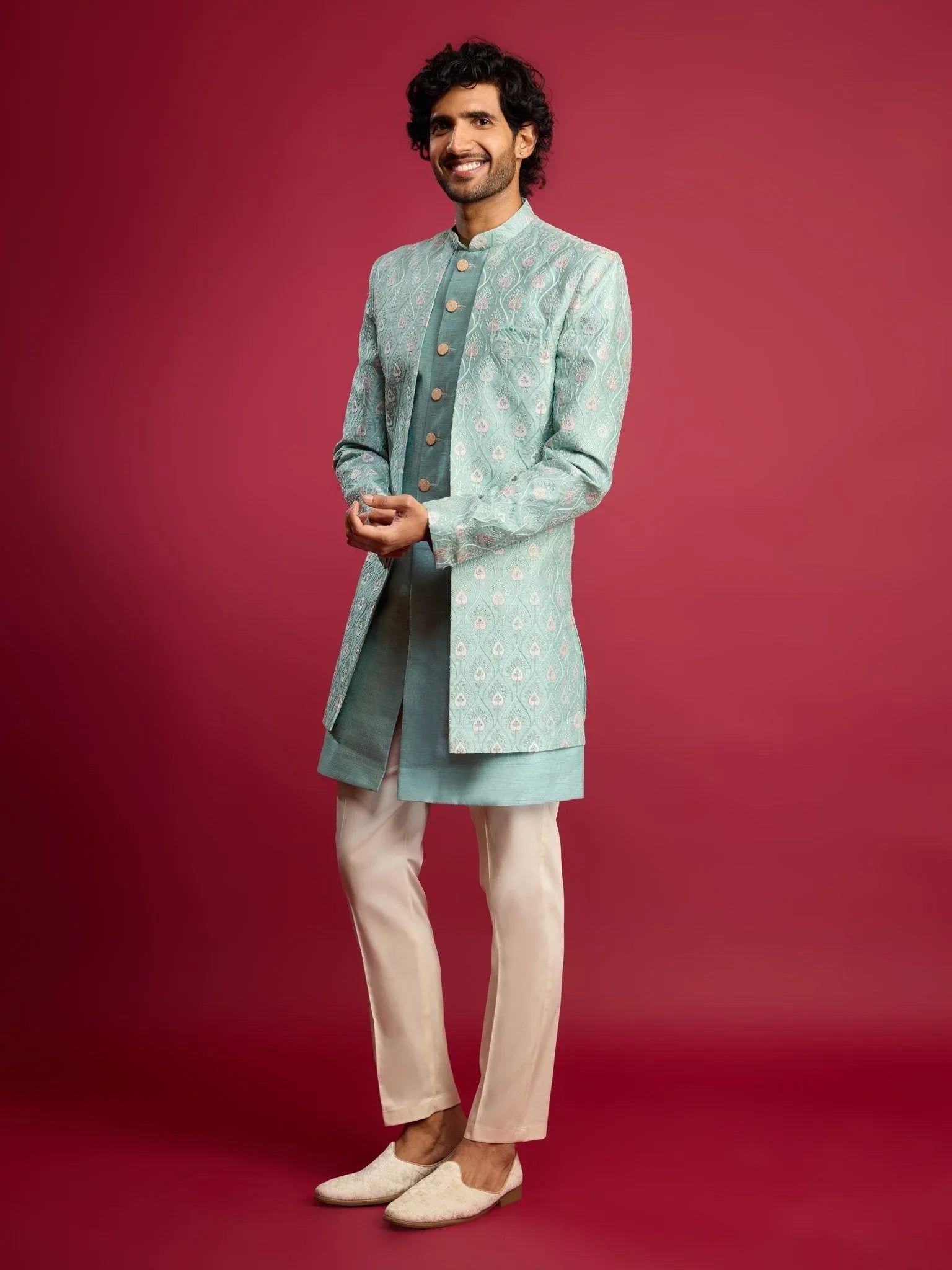 Men's Mint Green Embroidered Silk Blend Indo-Western with Cream Pant Style Pyjama