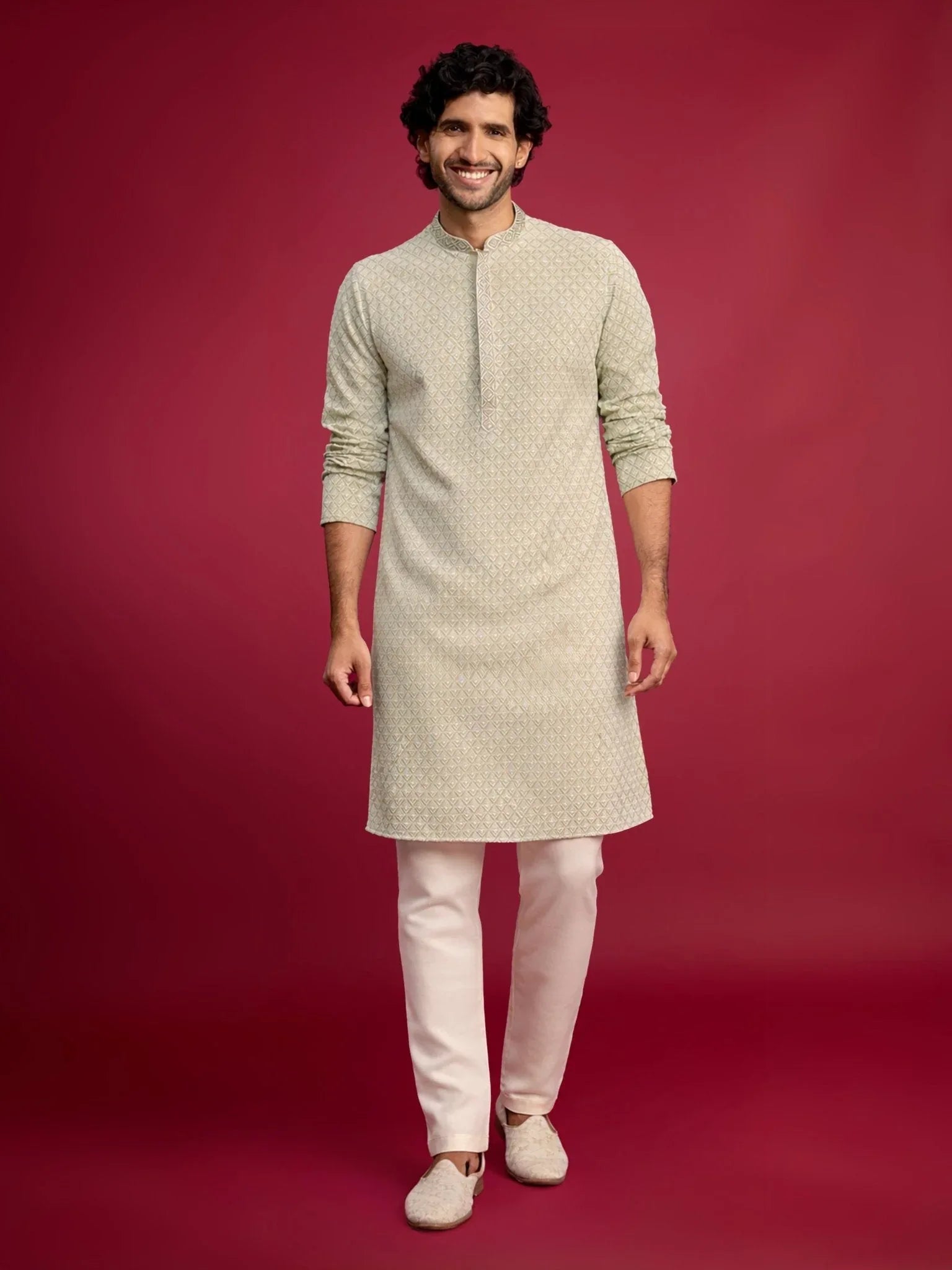 Men's Mint Green Faux Georgette Kurta with Cream Pyjama Set
