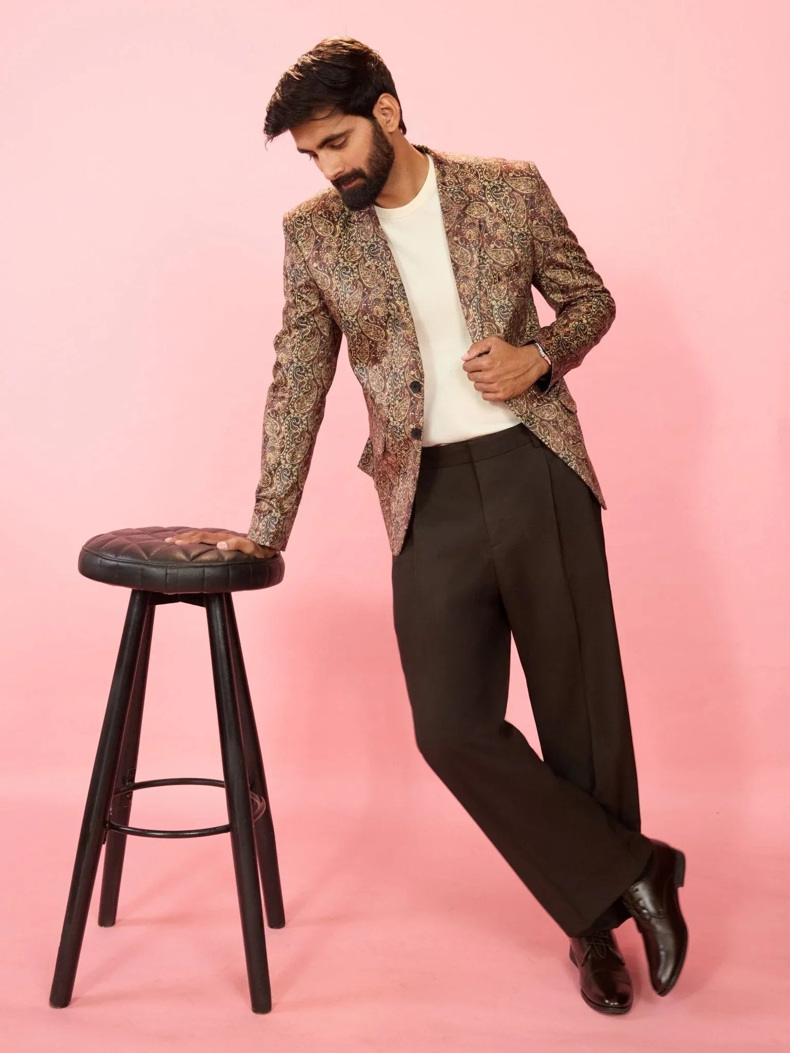 Men's Multicolour Velvet Patch Paisley Digital Print Notch Collar Wedding Blazer