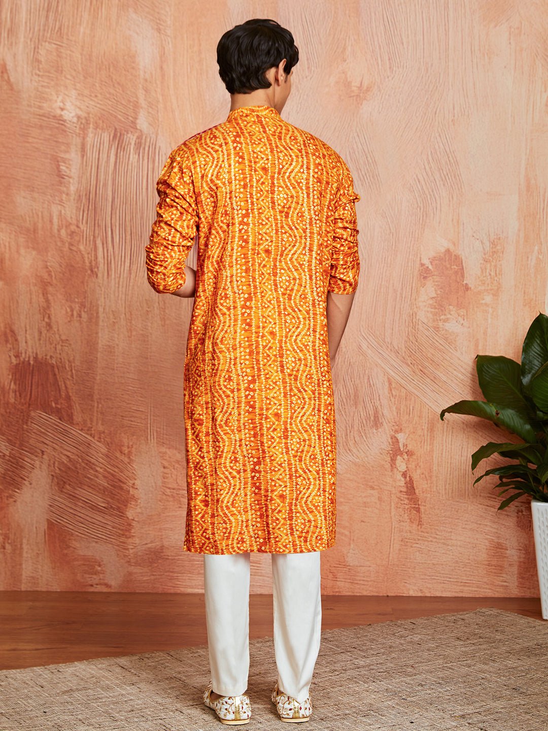 Men's Mustard Bandhni Foil Print Rayon Kurta with Cream Pyjama
