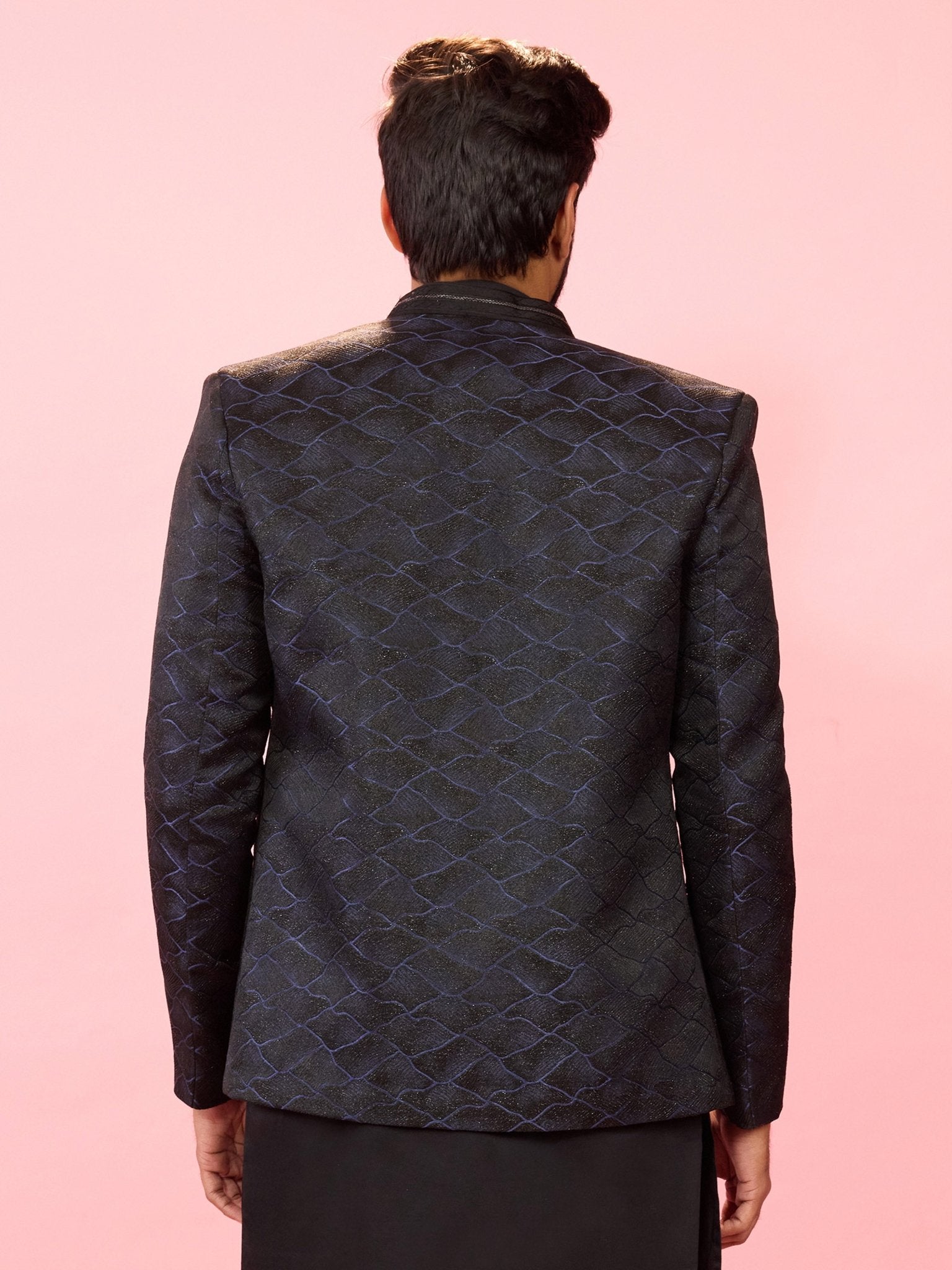 Men's Navy Blue Sequin Geometric Jodhpuri Blazer with Satin Lining