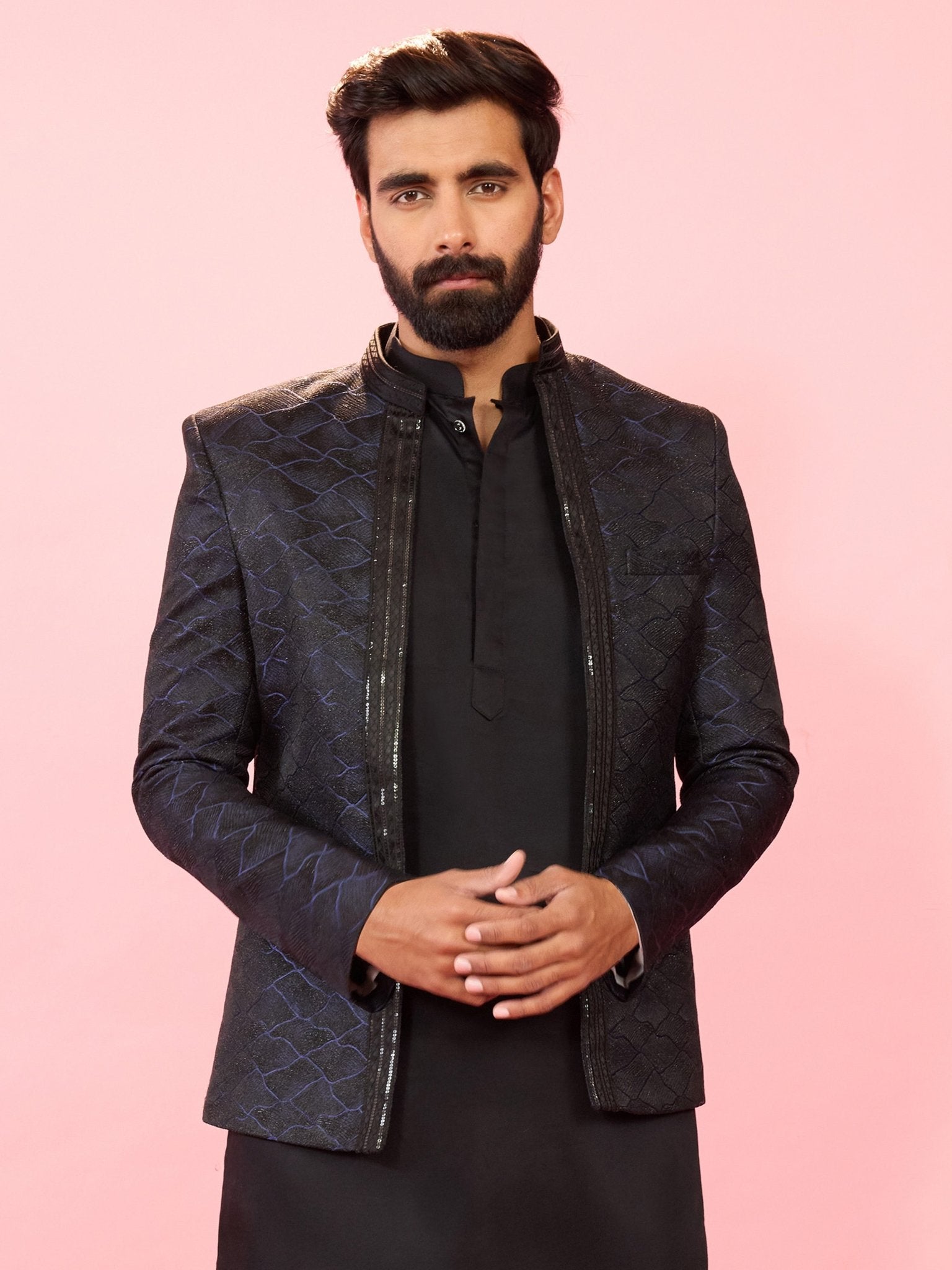 Men's Navy Blue Sequin Geometric Jodhpuri Blazer with Satin Lining