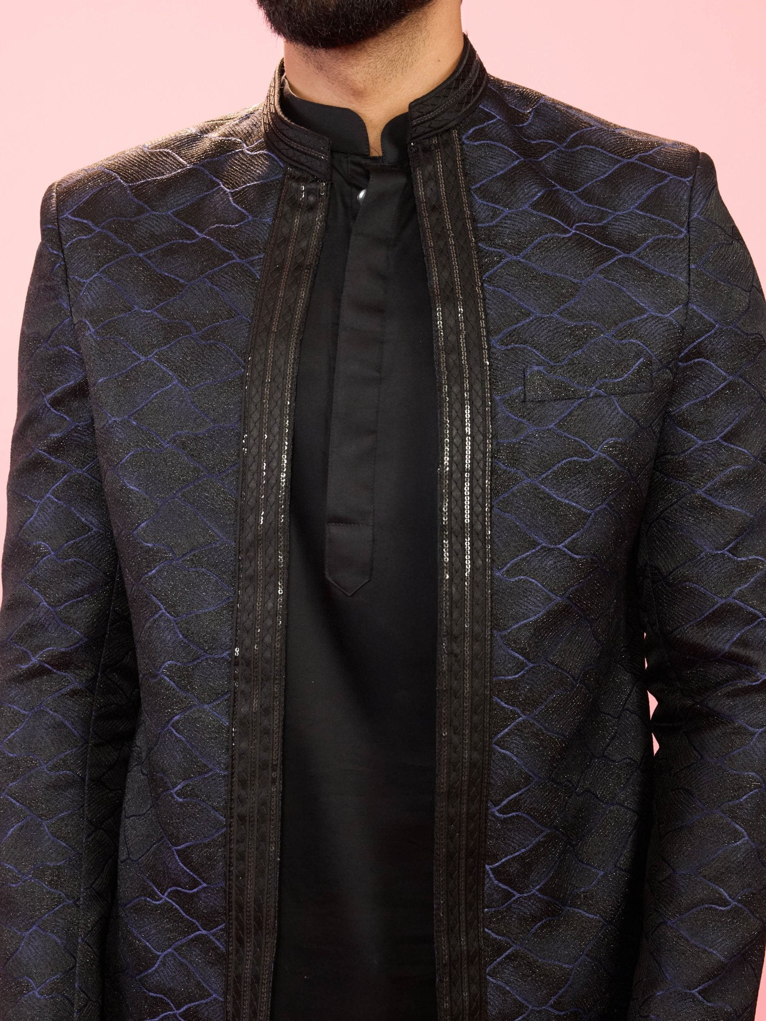 Men's Navy Blue Sequin Jodhpuri with Black Solid Satin Kurta & Pant Pyjama