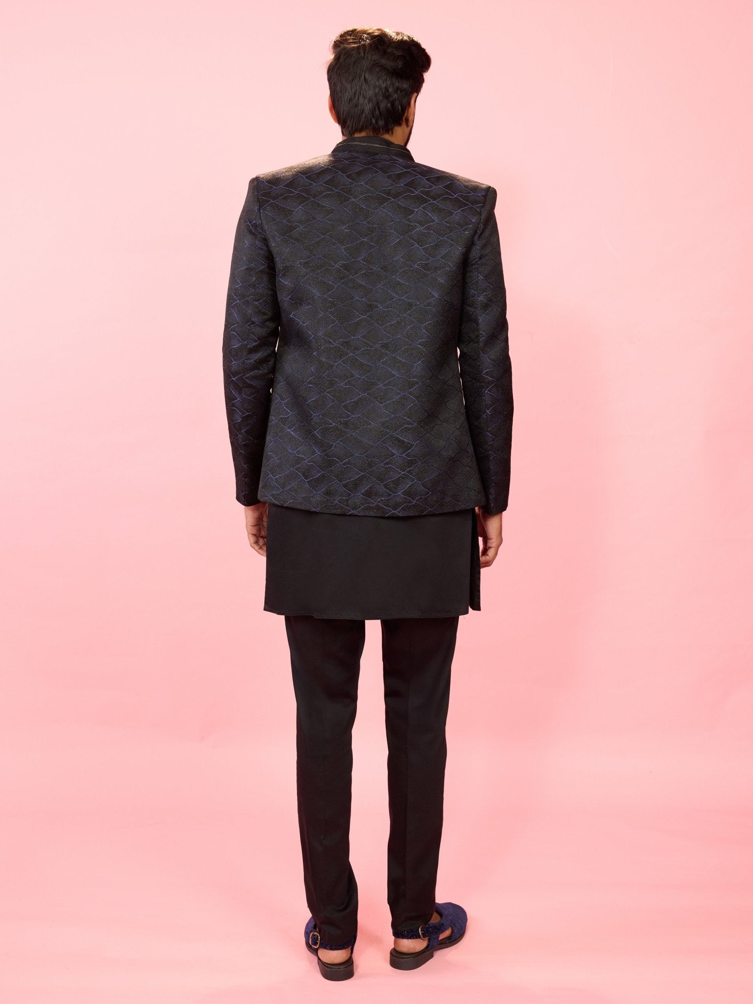 Men's Navy Blue Sequin Jodhpuri with Black Solid Satin Kurta & Pant Pyjama