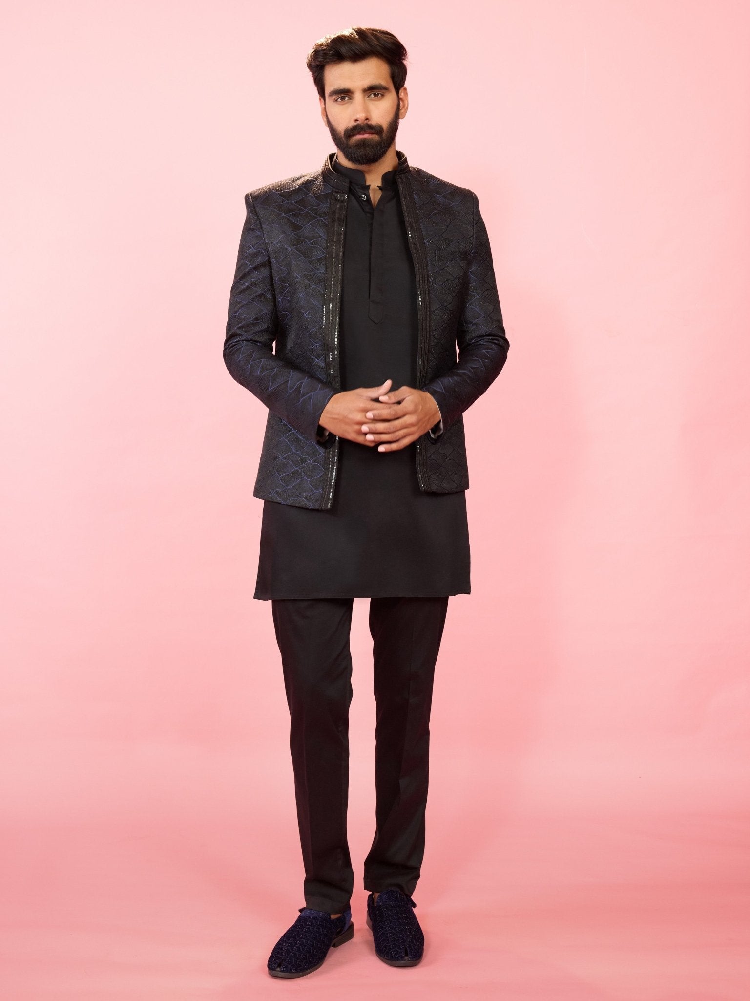 Men's Navy Blue Sequin Jodhpuri with Black Solid Satin Kurta & Pant Pyjama