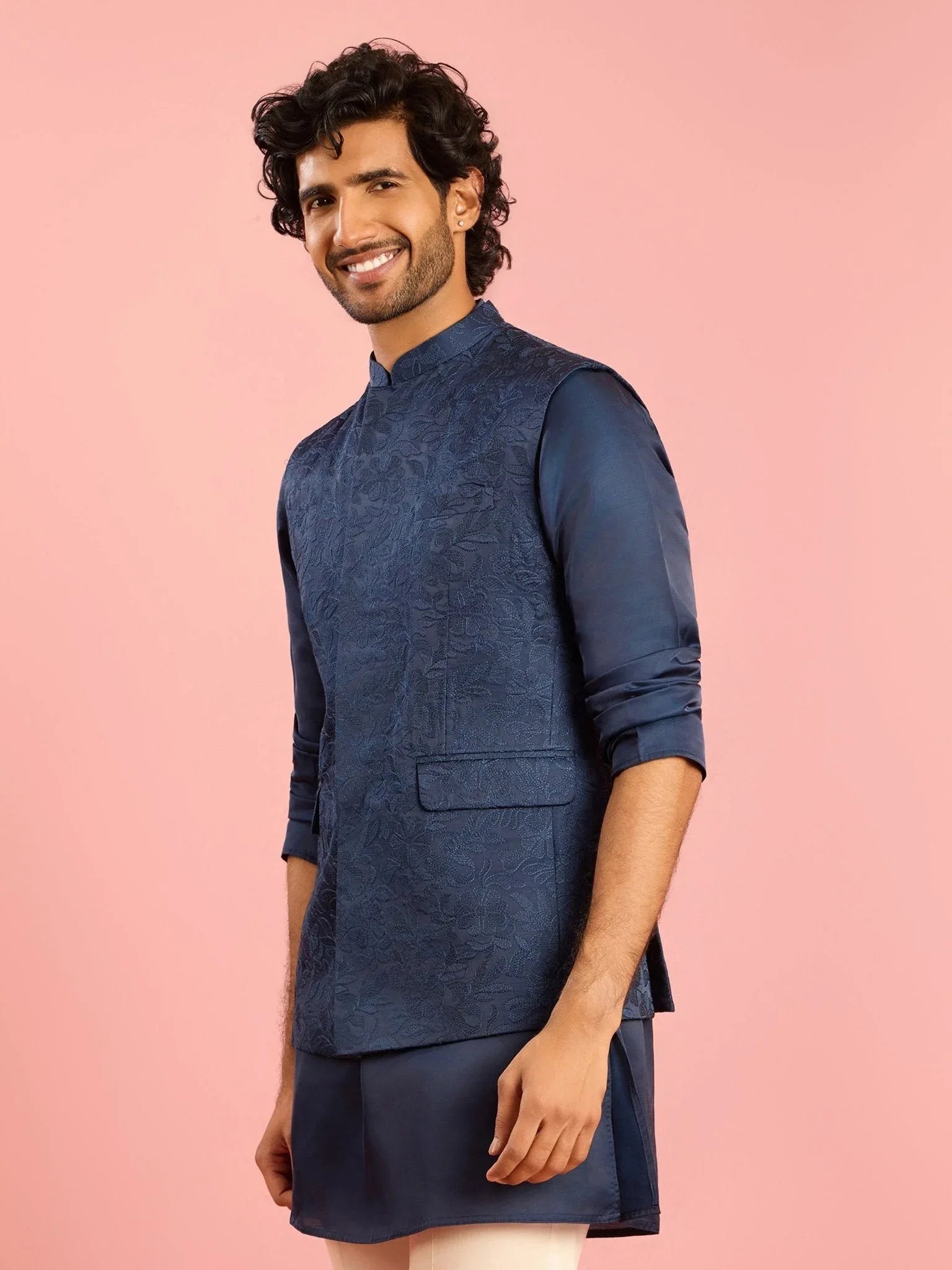 Men's Navy Blue Silk Blend Nehru Jacket