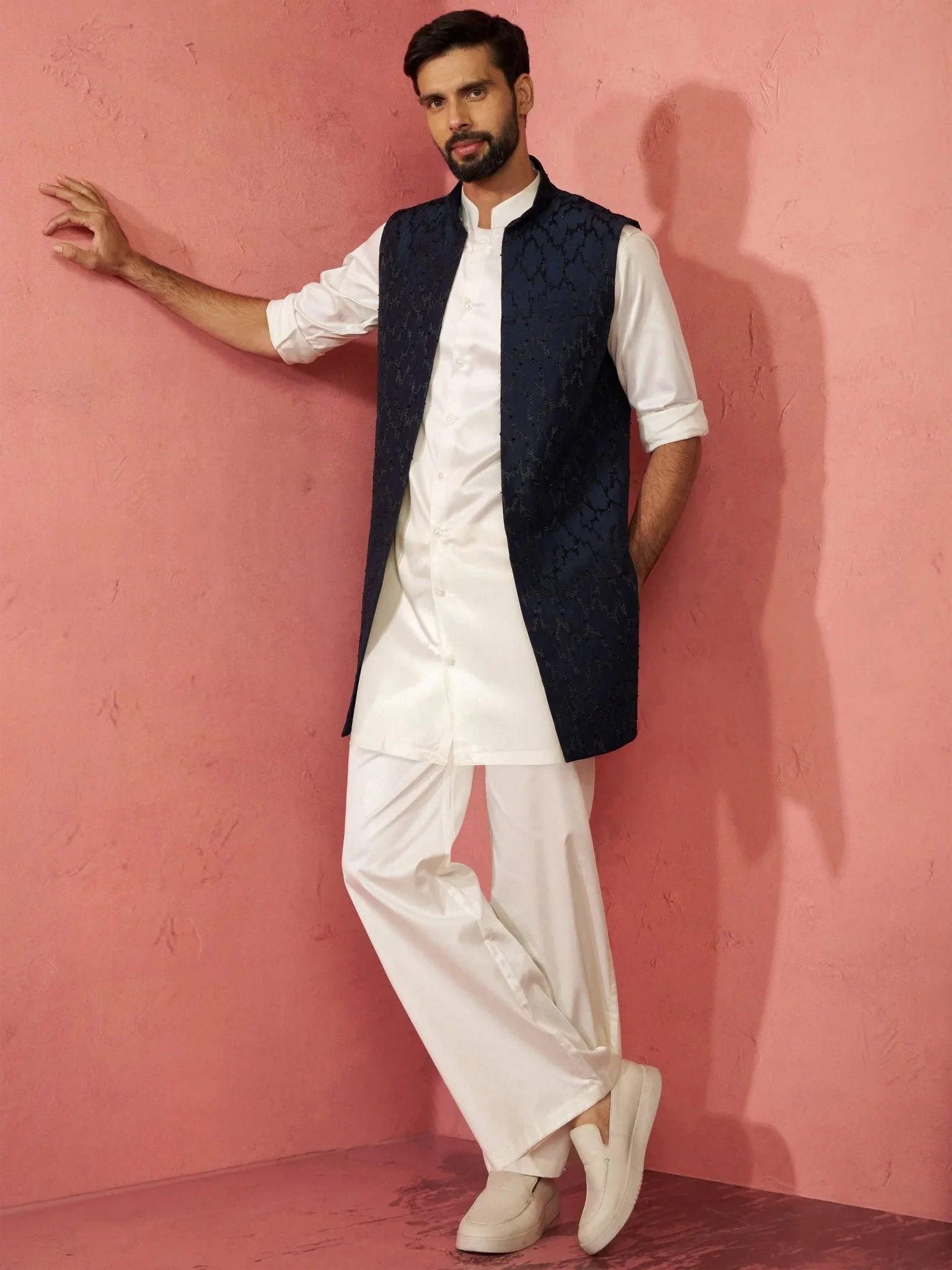 Men's Navy Blue Silky Abstract Embroidered Nehru Jacket