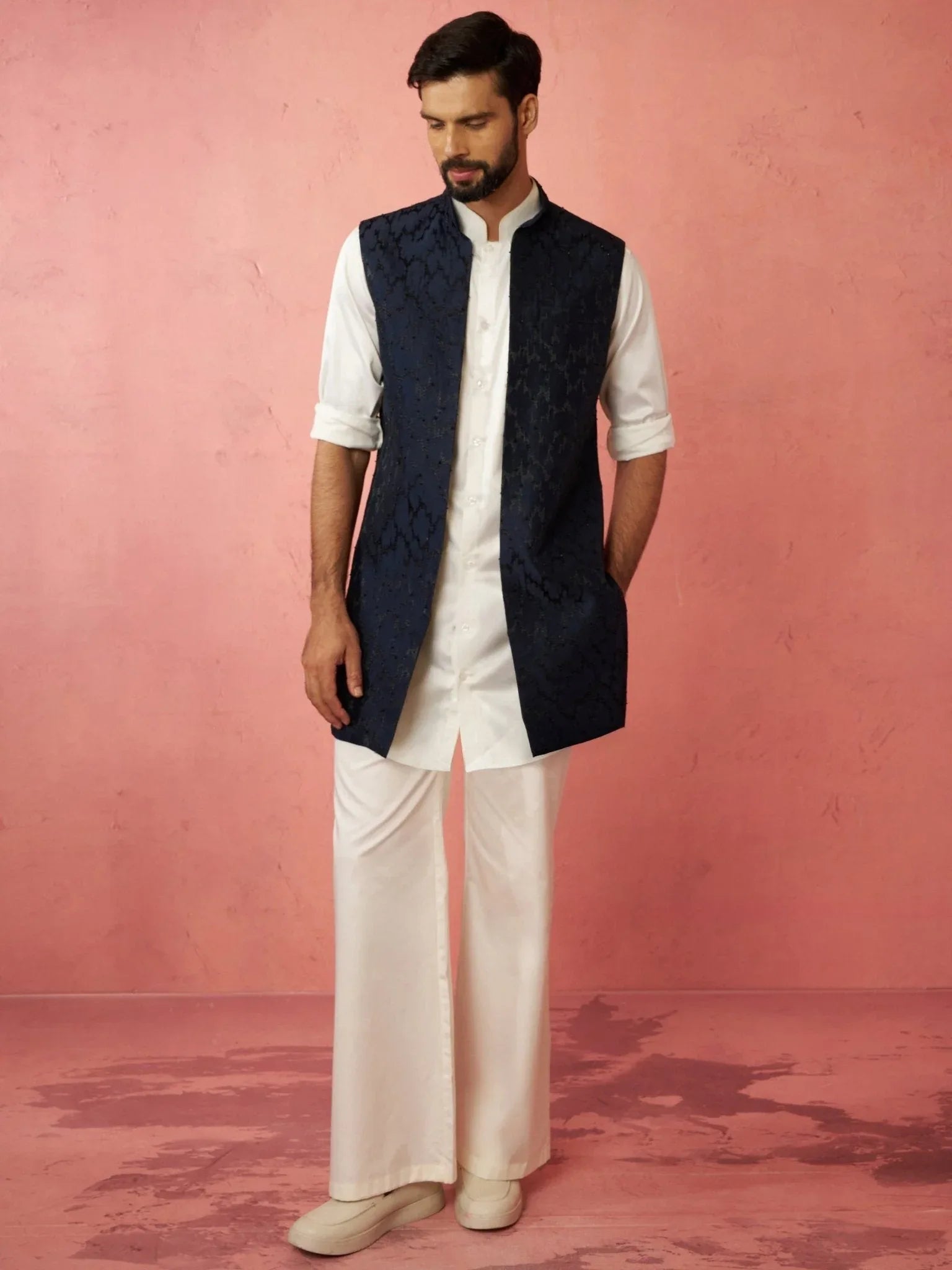 Men's Navy Embroidered Nehru Jacket with Cream Kurta Trouser