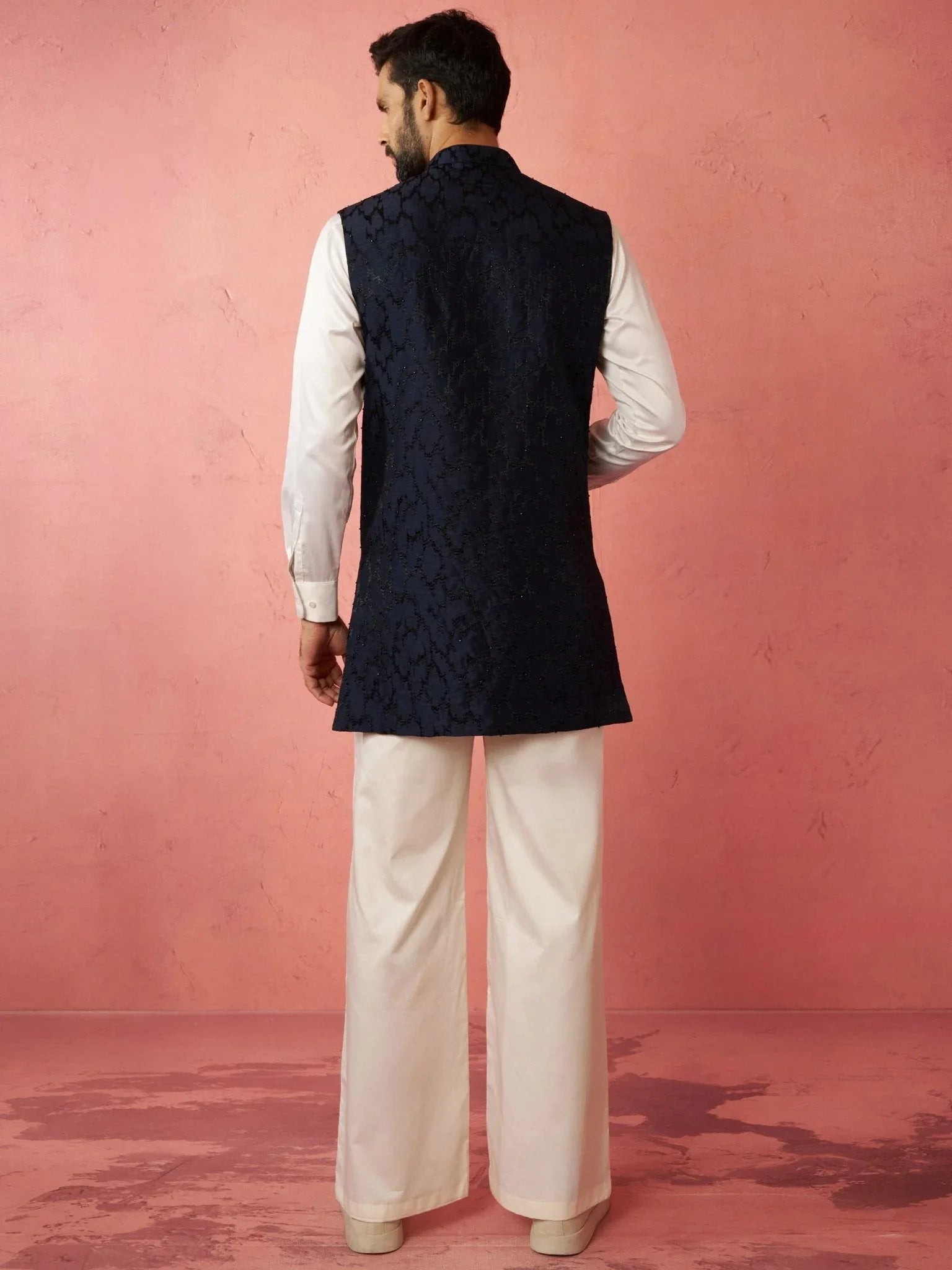 Men's Navy Embroidered Nehru Jacket with Cream Kurta Trouser