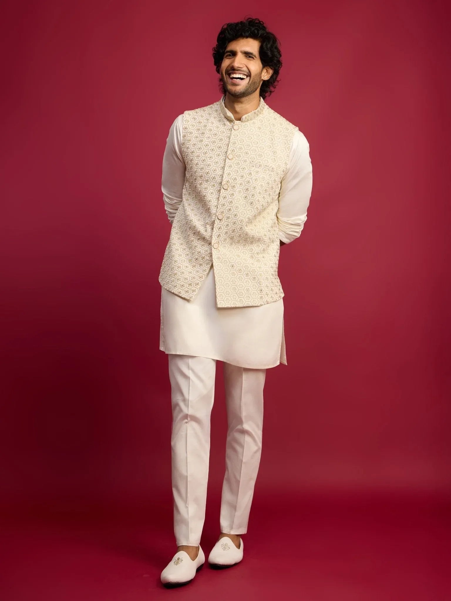 Men's Off White Chikankari Nehru Jacket with Cream Satin Kurta Pant Set