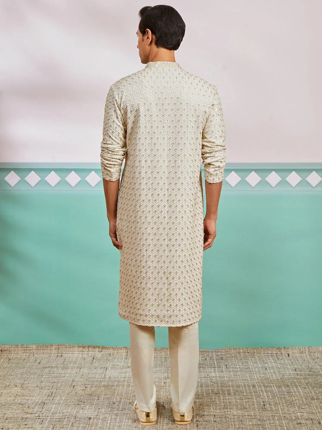 Men's Off White Chikankari Rayon Kurta with Cream Fine Satin Pyjama