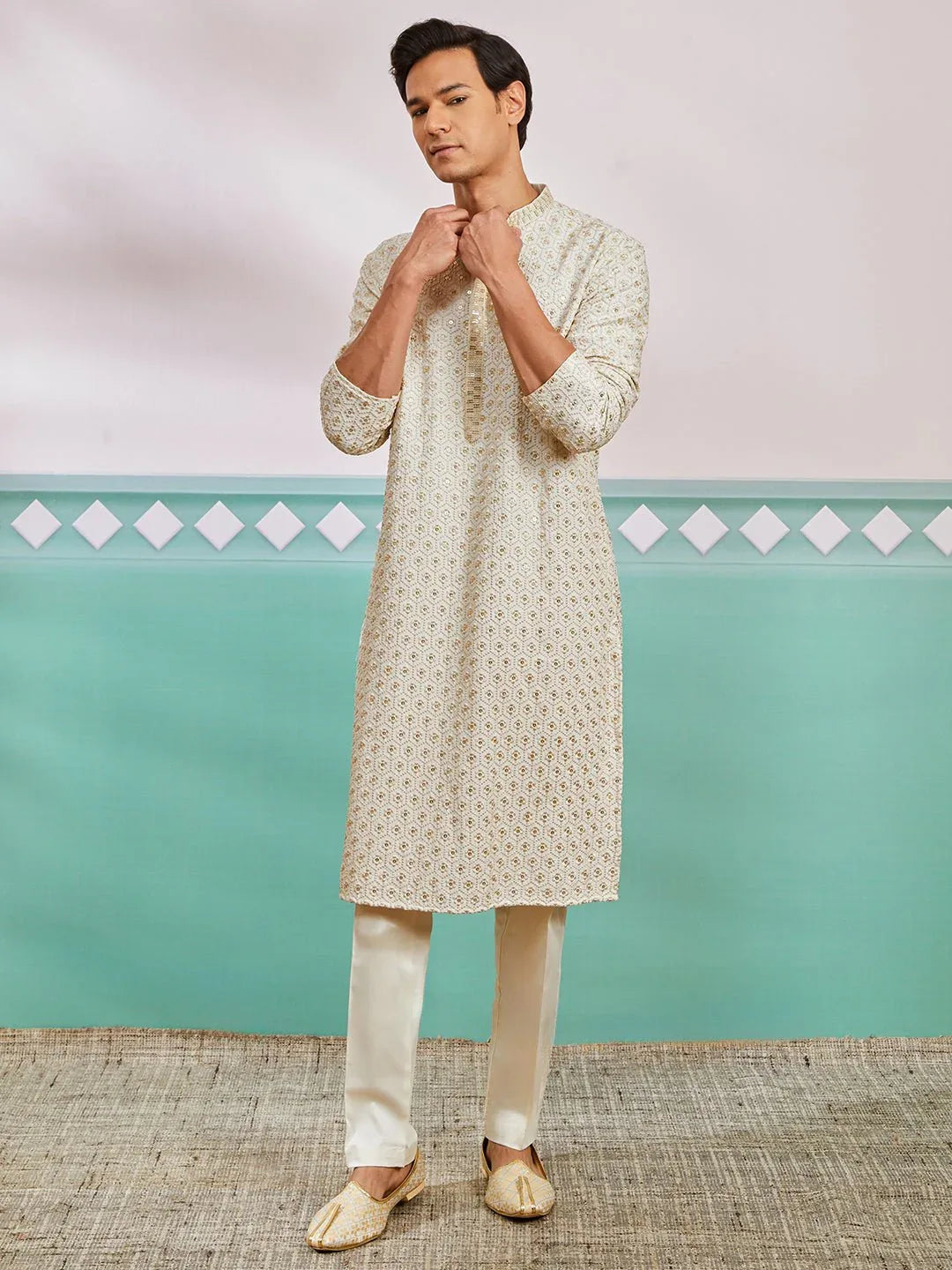 Men's Off White Chikankari Rayon Kurta with Cream Fine Satin Pyjama