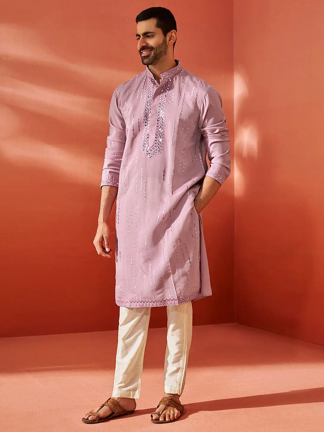 Men's Onion Fendi Silk Mirror Work Embroidered Kurta with Cream Satin Pyjama