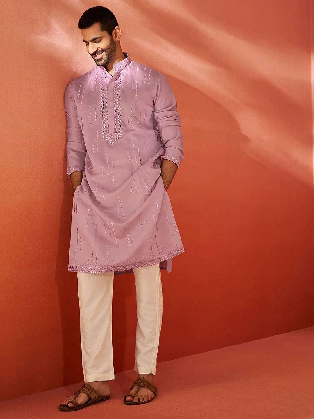 Men's Onion Fendi Silk Mirror Work Embroidered Kurta with Cream Satin Pyjama