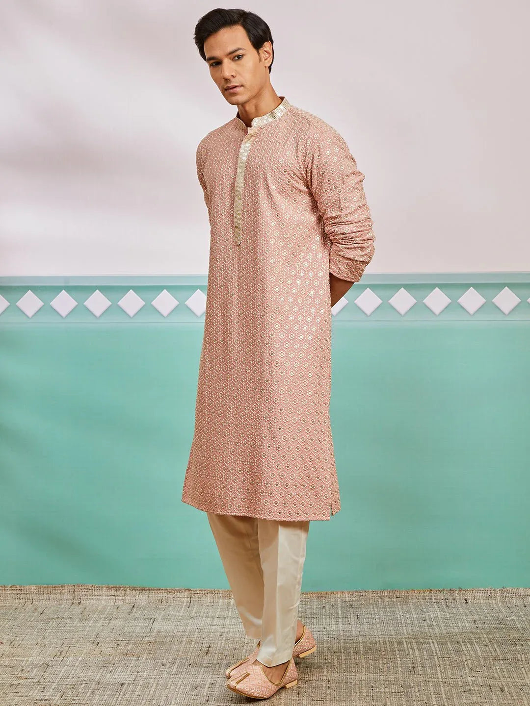 Men's Peach Chikankari Rayon Kurta with Cream Fine Satin Pyjama