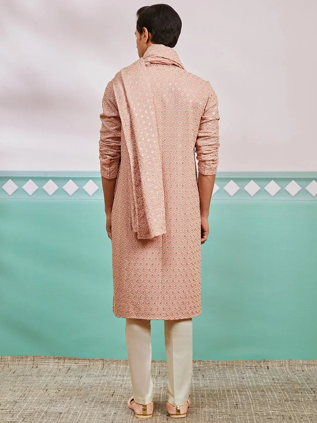 Men's Peach Chikankari Rayon Kurta with Cream Pyjama & Peach Embroidered Dupatta