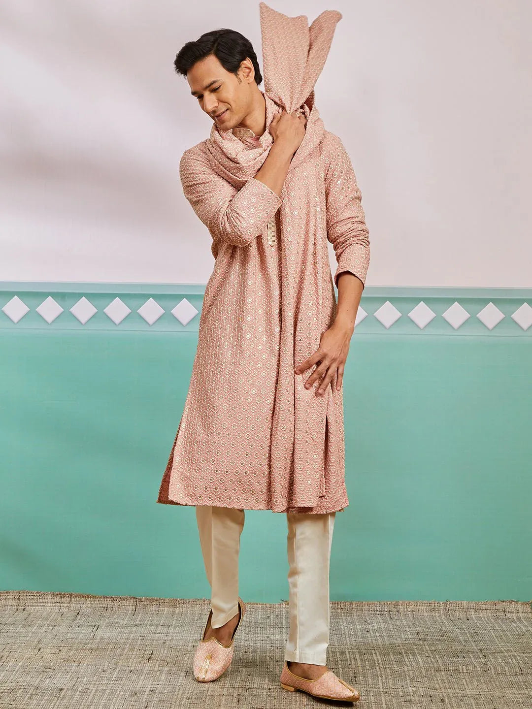 Men's Peach Chikankari Rayon Kurta with Cream Pyjama & Peach Embroidered Dupatta