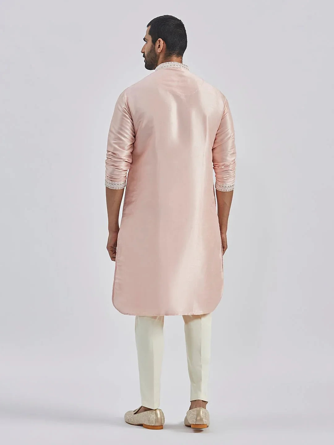 Men's Peach Hand Embroidered Silk Blend Kurta Pyjama Set