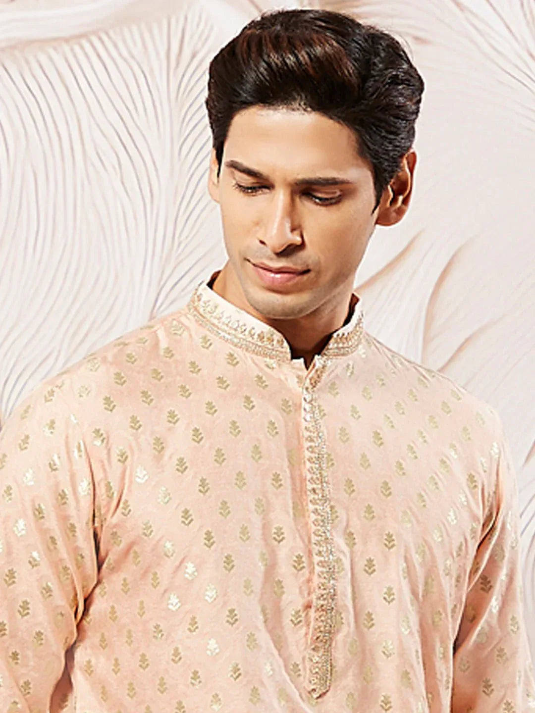 Men's Peach Jacquard Silk Blend Kurta Pyjama Set