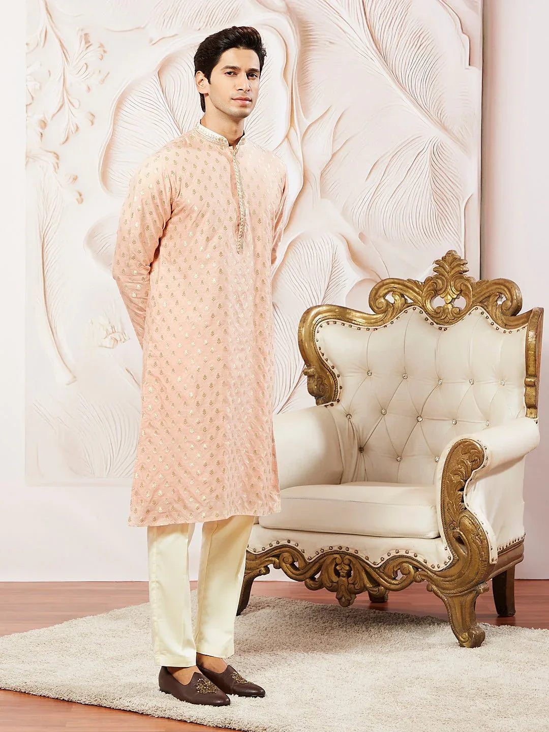Men's Peach Jacquard Silk Blend Kurta Pyjama Set