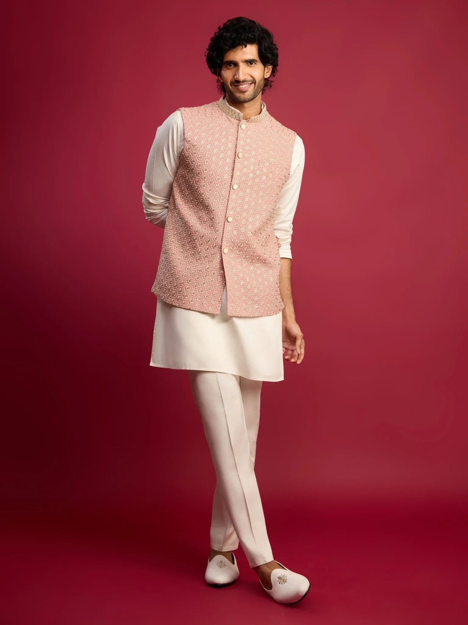 Men's Peach Sequin & Thread Embroidered Nehru Jacket with Cream Satin Kurta & Pants Set