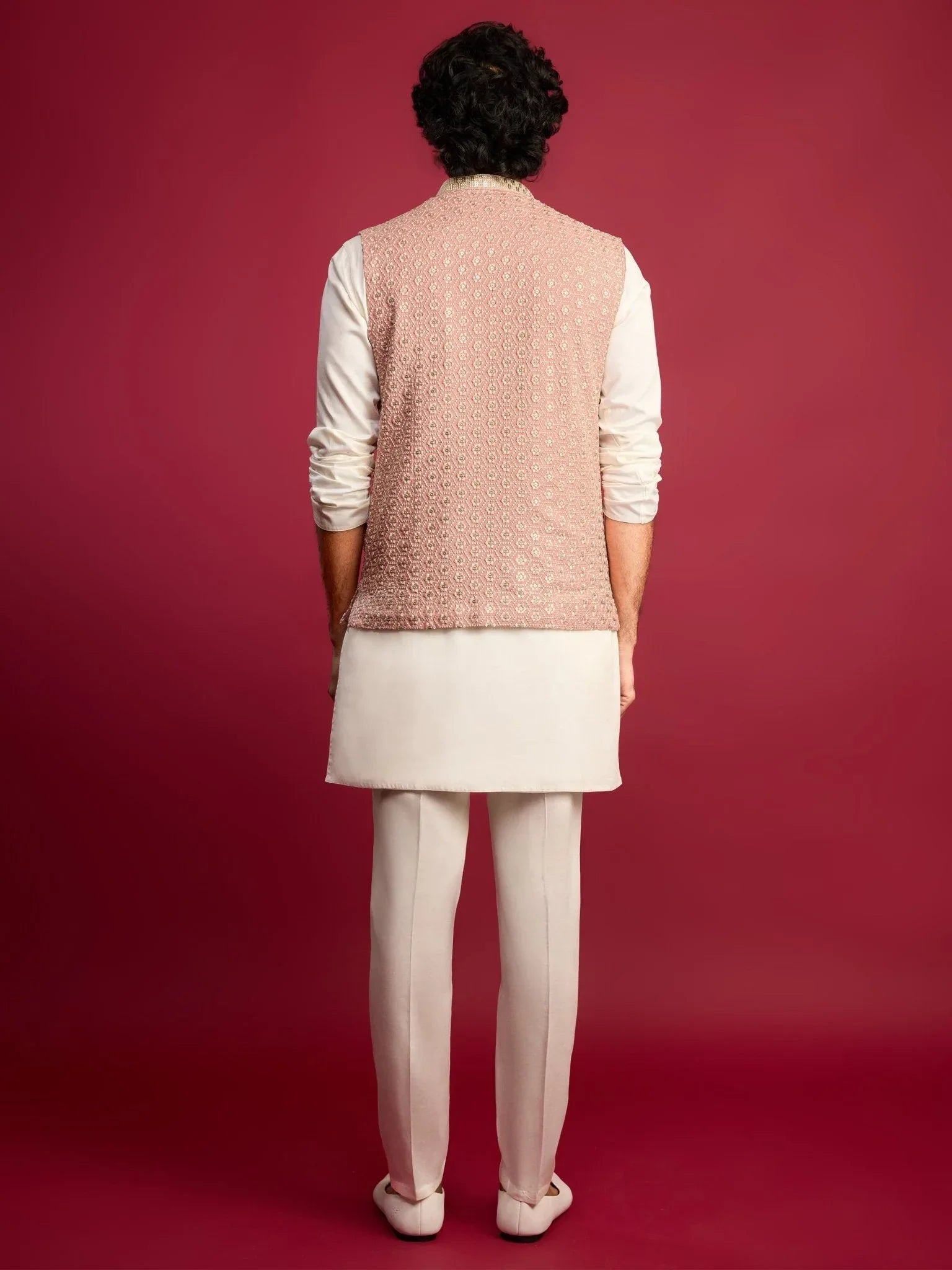 Men's Peach Sequin & Thread Embroidered Nehru Jacket with Cream Satin Kurta & Pants Set